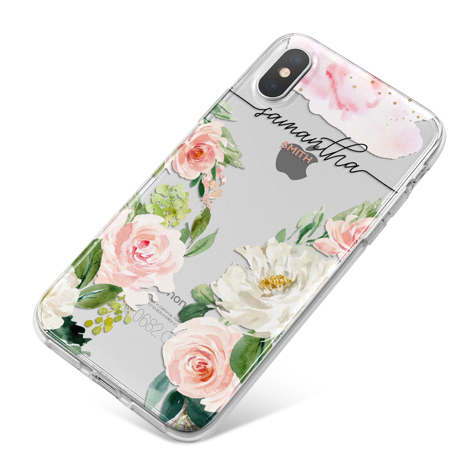 Watercolour Roses Personalised Name iPhone X Bumper Case on Silver iPhone