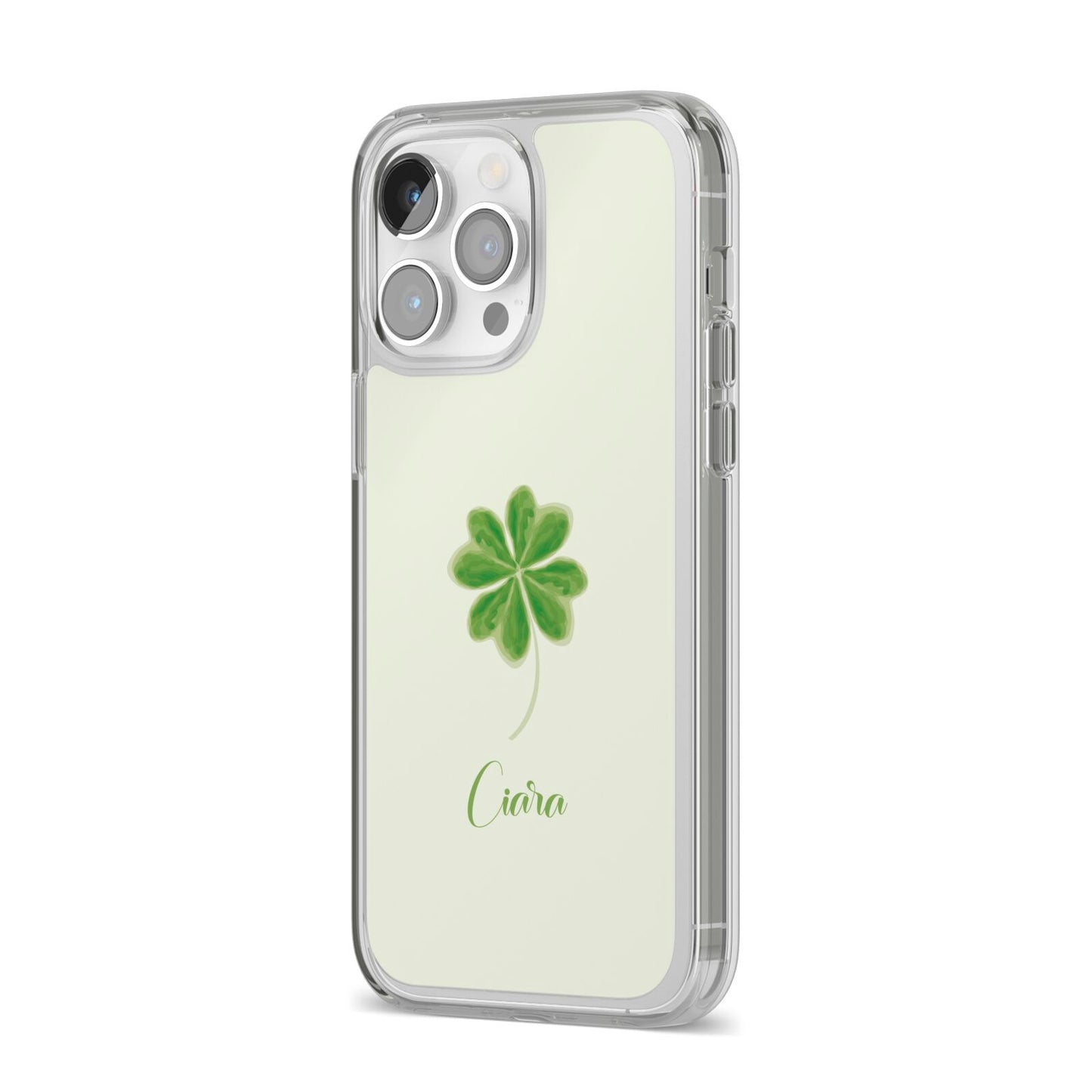 Watercolour Shamrock Custom iPhone 14 Pro Max Clear Tough Case Silver Angled Image