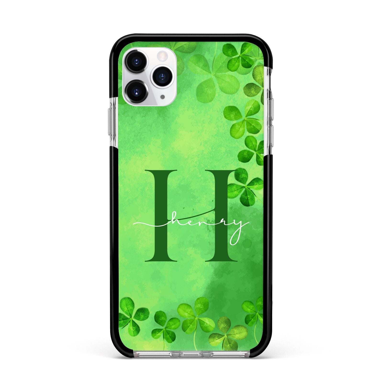 Watercolour Shamrock Pattern Name Apple iPhone 11 Pro Max in Silver with Black Impact Case
