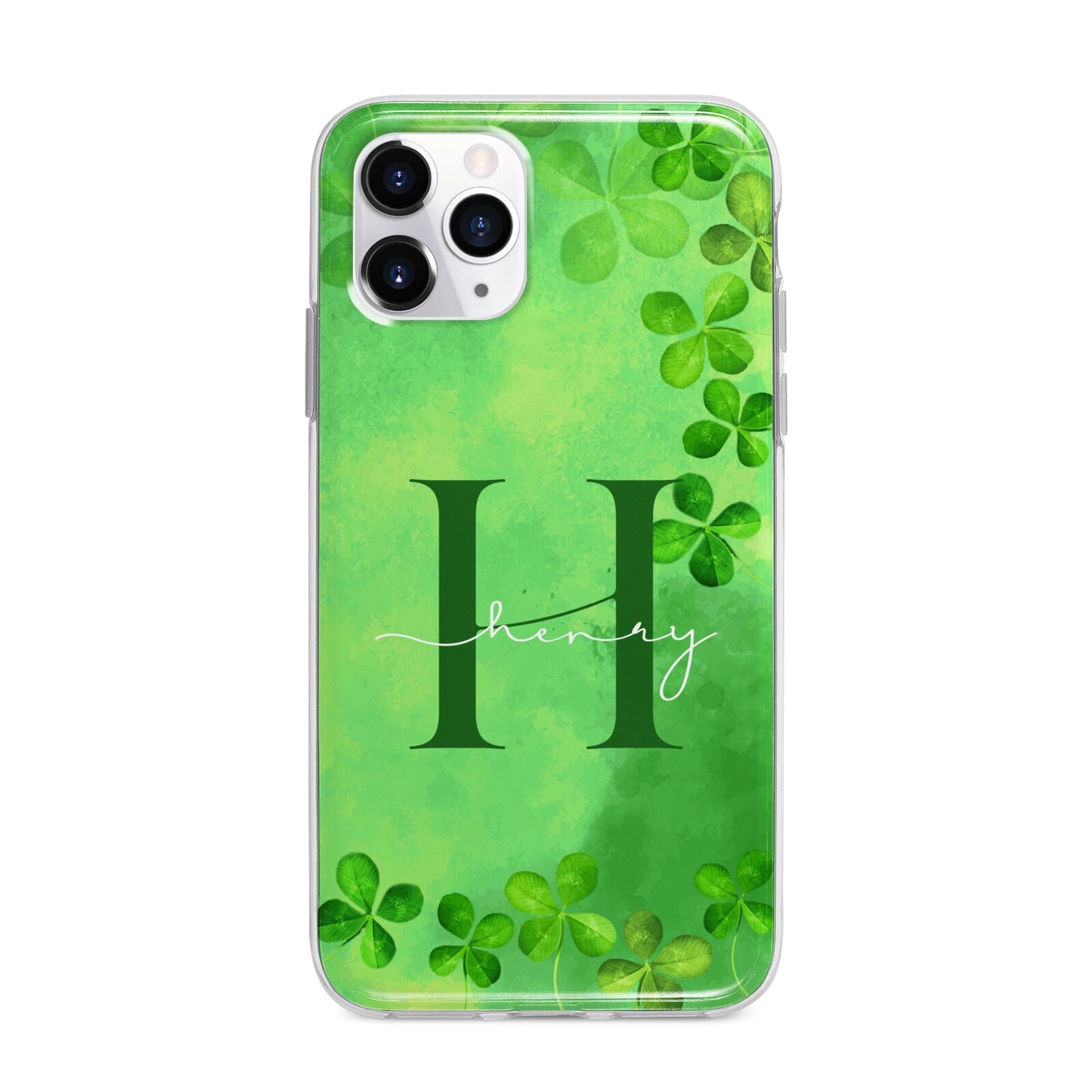 Watercolour Shamrock Pattern Name Apple iPhone 11 Pro Max in Silver with Bumper Case