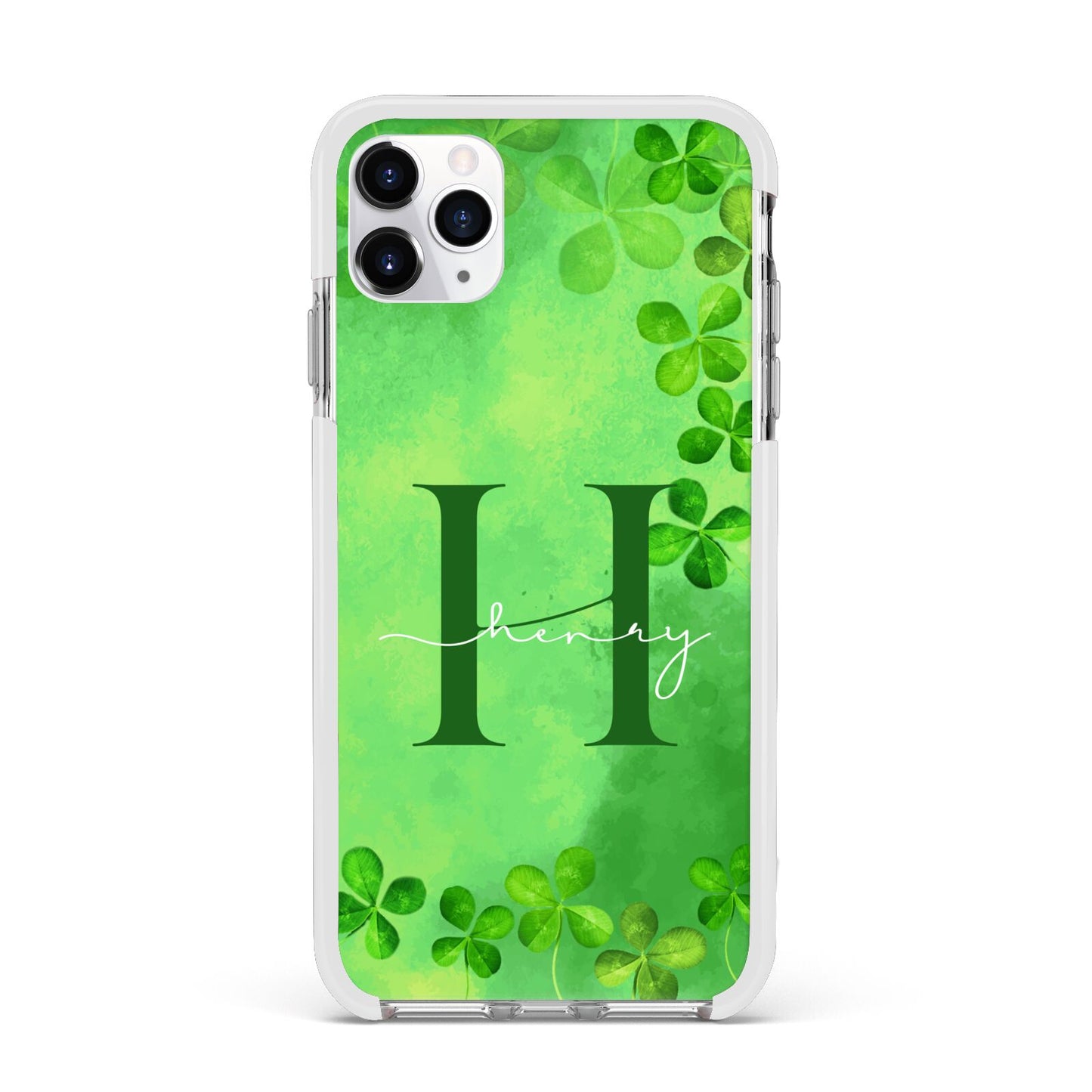 Watercolour Shamrock Pattern Name Apple iPhone 11 Pro Max in Silver with White Impact Case