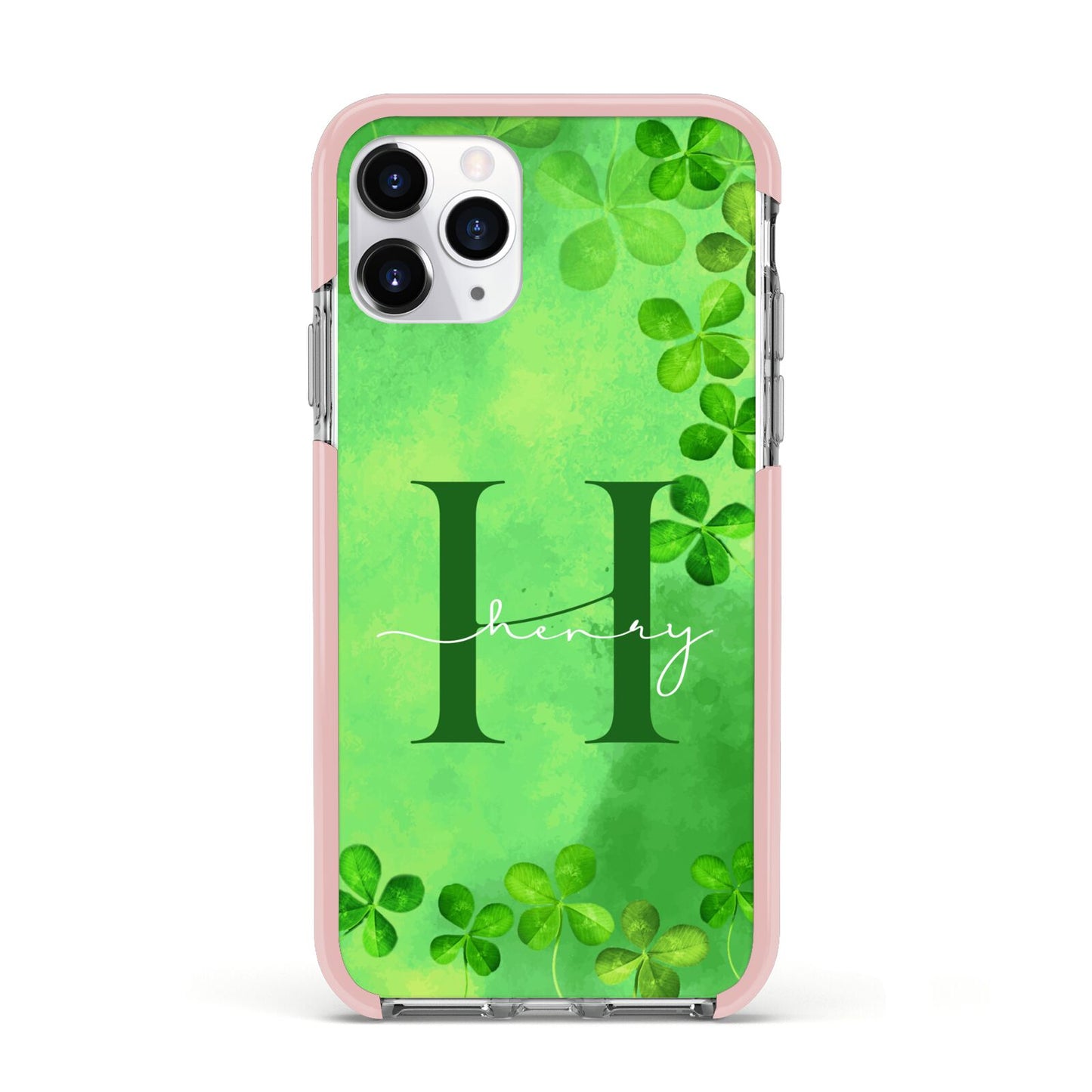 Watercolour Shamrock Pattern Name Apple iPhone 11 Pro in Silver with Pink Impact Case