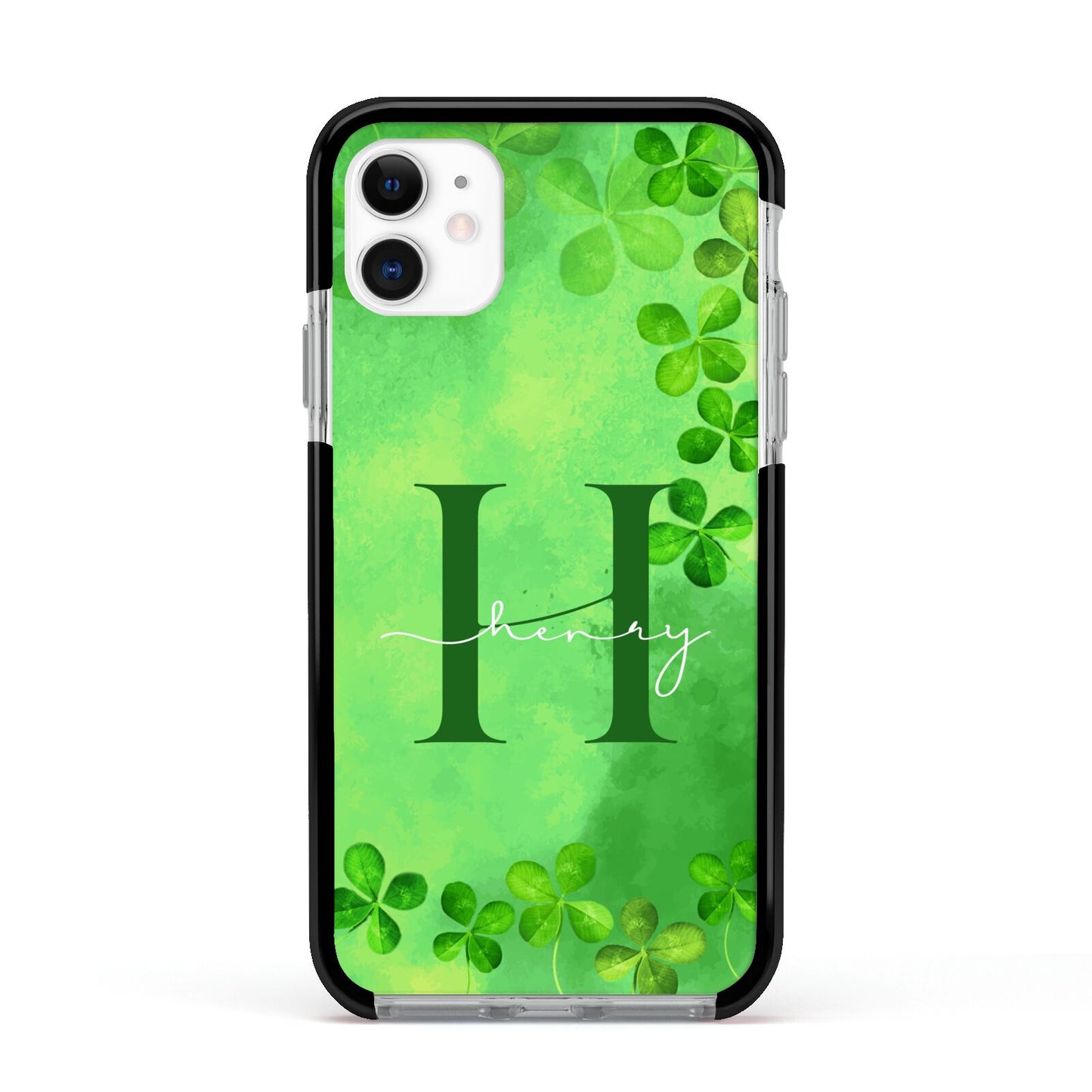 Watercolour Shamrock Pattern Name Apple iPhone 11 in White with Black Impact Case