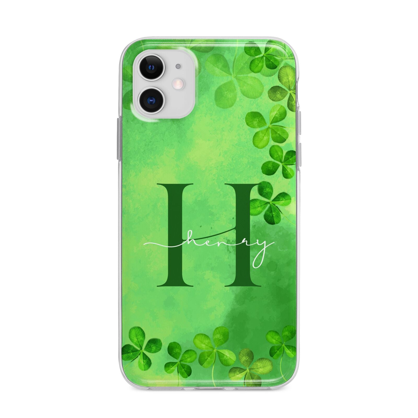Watercolour Shamrock Pattern Name Apple iPhone 11 in White with Bumper Case