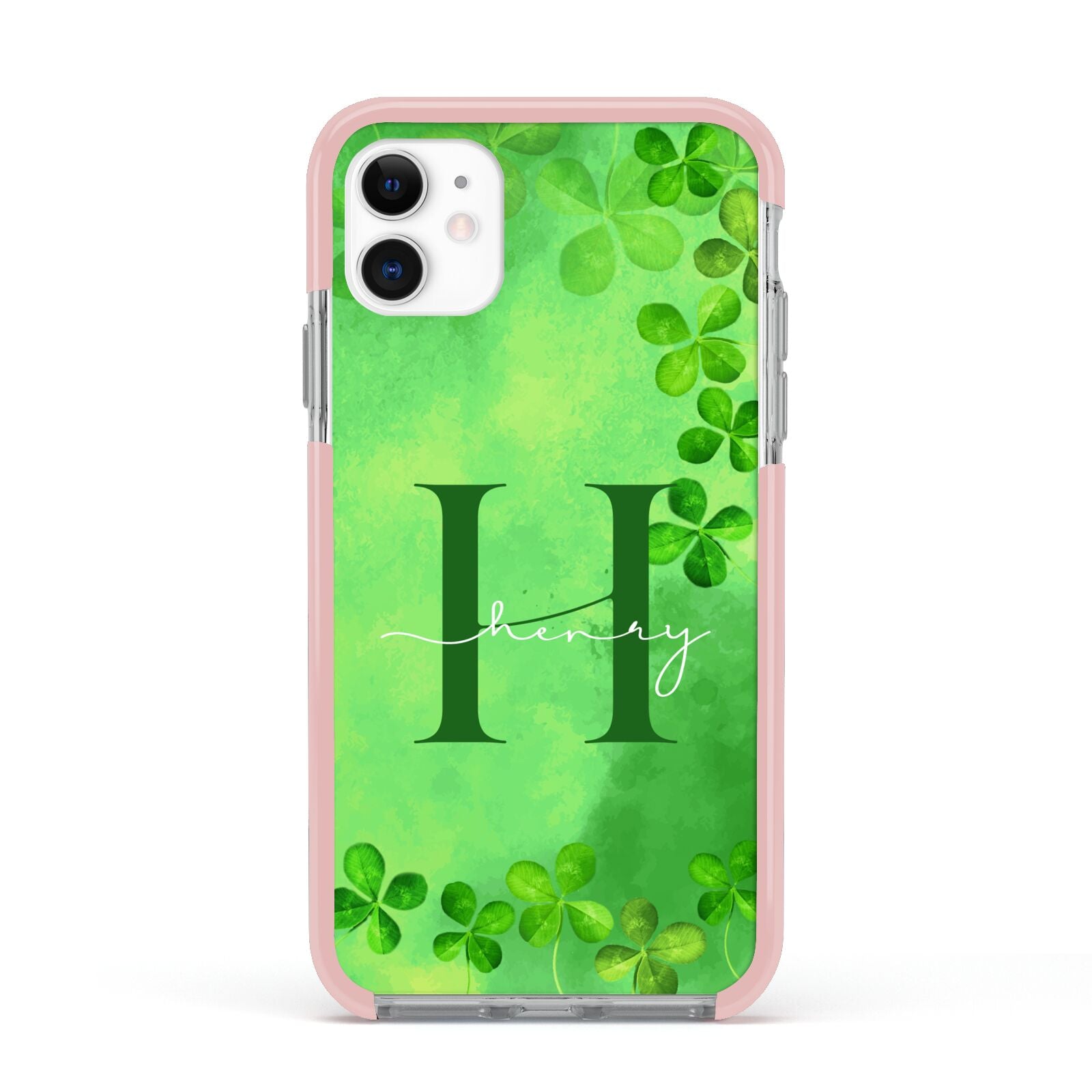 Watercolour Shamrock Pattern Name Apple iPhone 11 in White with Pink Impact Case