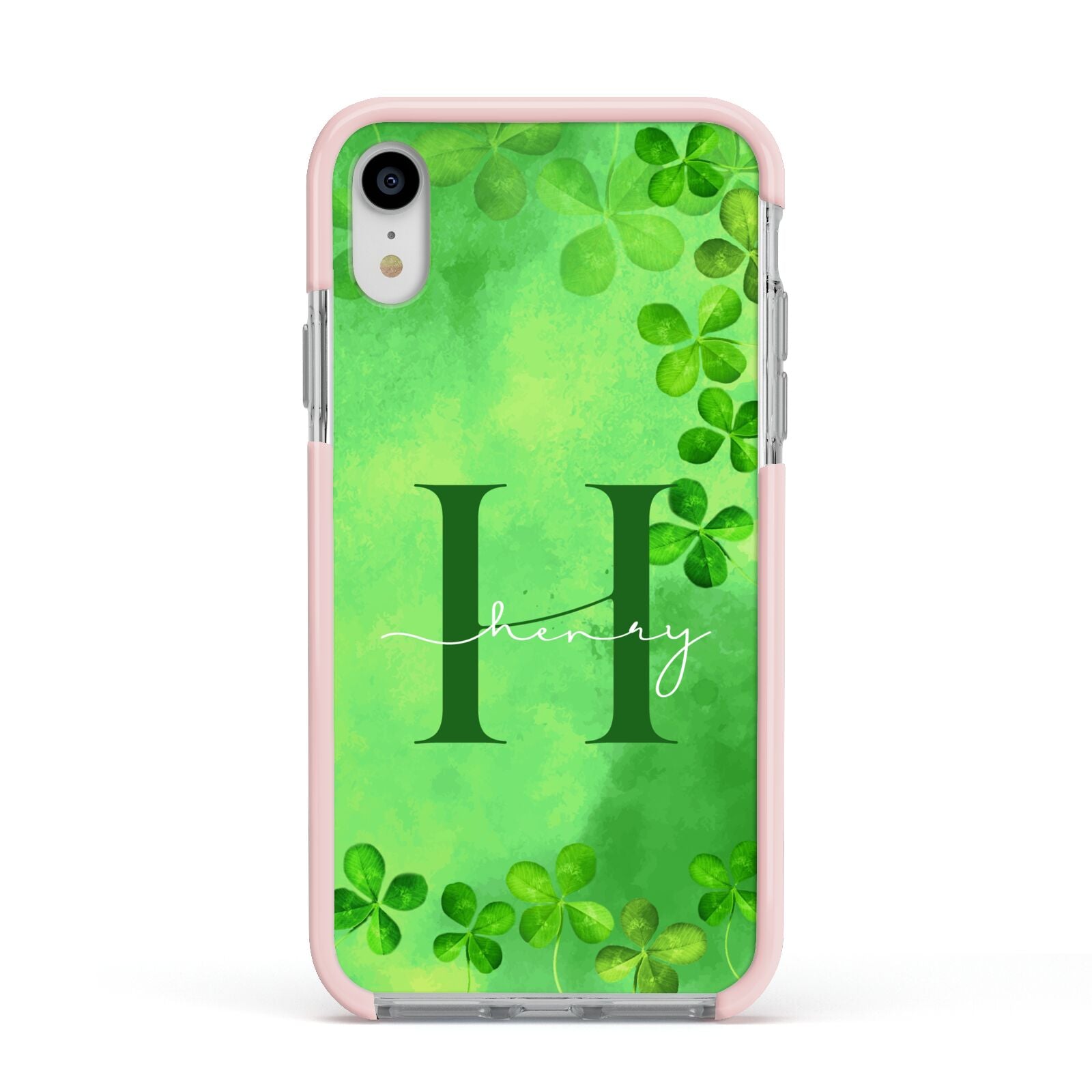 Watercolour Shamrock Pattern Name Apple iPhone XR Impact Case Pink Edge on Silver Phone