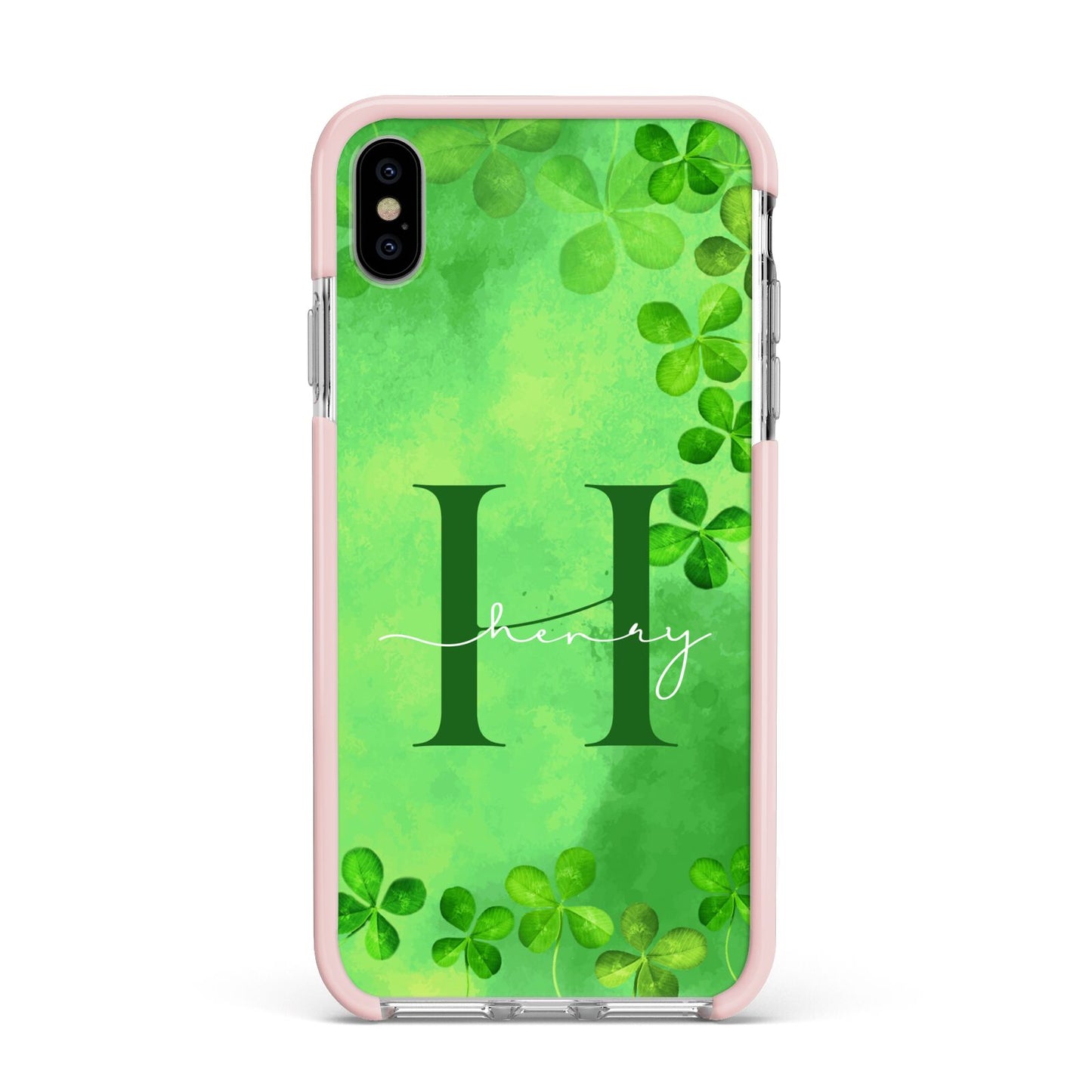Watercolour Shamrock Pattern Name Apple iPhone Xs Max Impact Case Pink Edge on Silver Phone