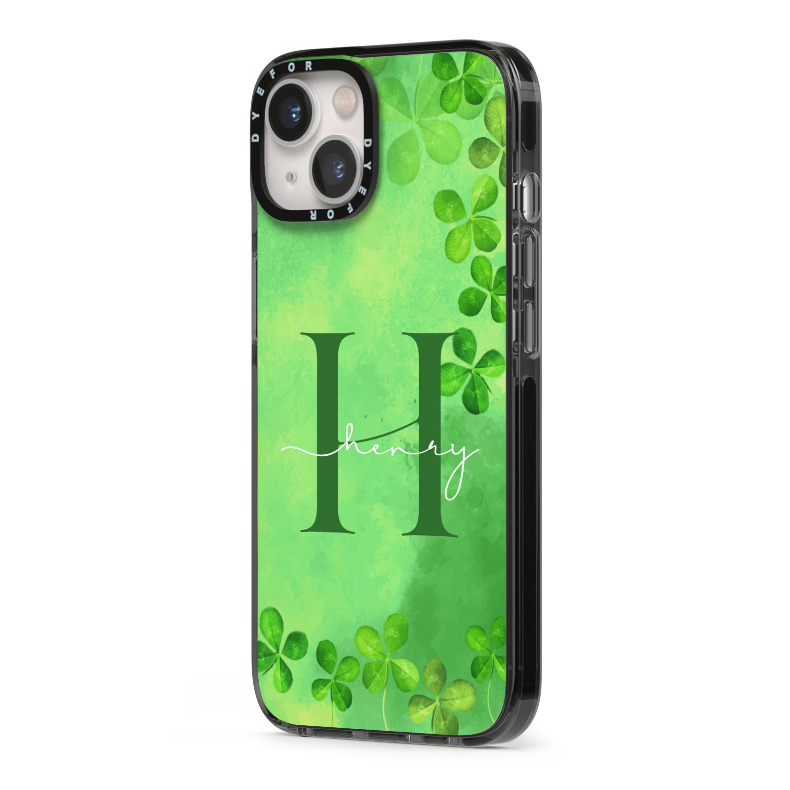 Watercolour Shamrock Pattern Name iPhone 13 Black Impact Case Side Angle on Silver phone