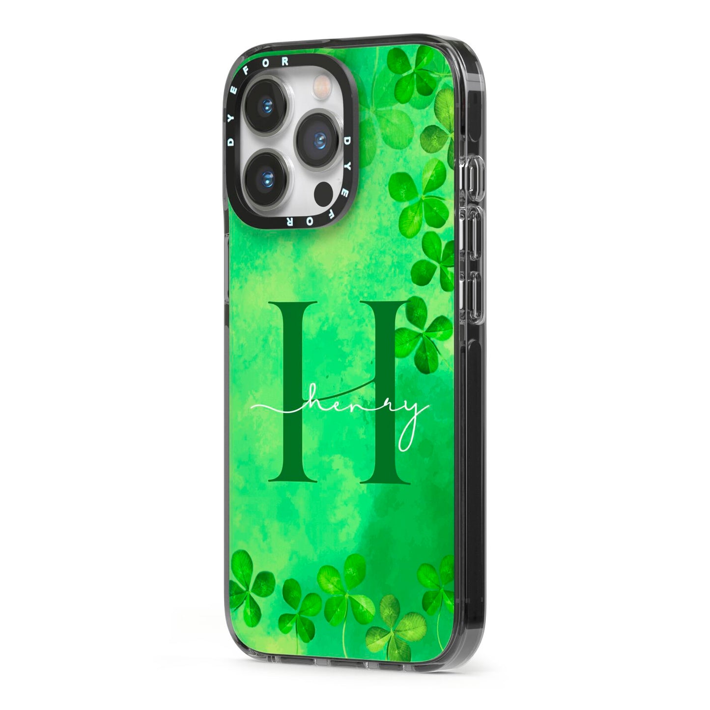 Watercolour Shamrock Pattern Name iPhone 13 Pro Black Impact Case Side Angle on Silver phone