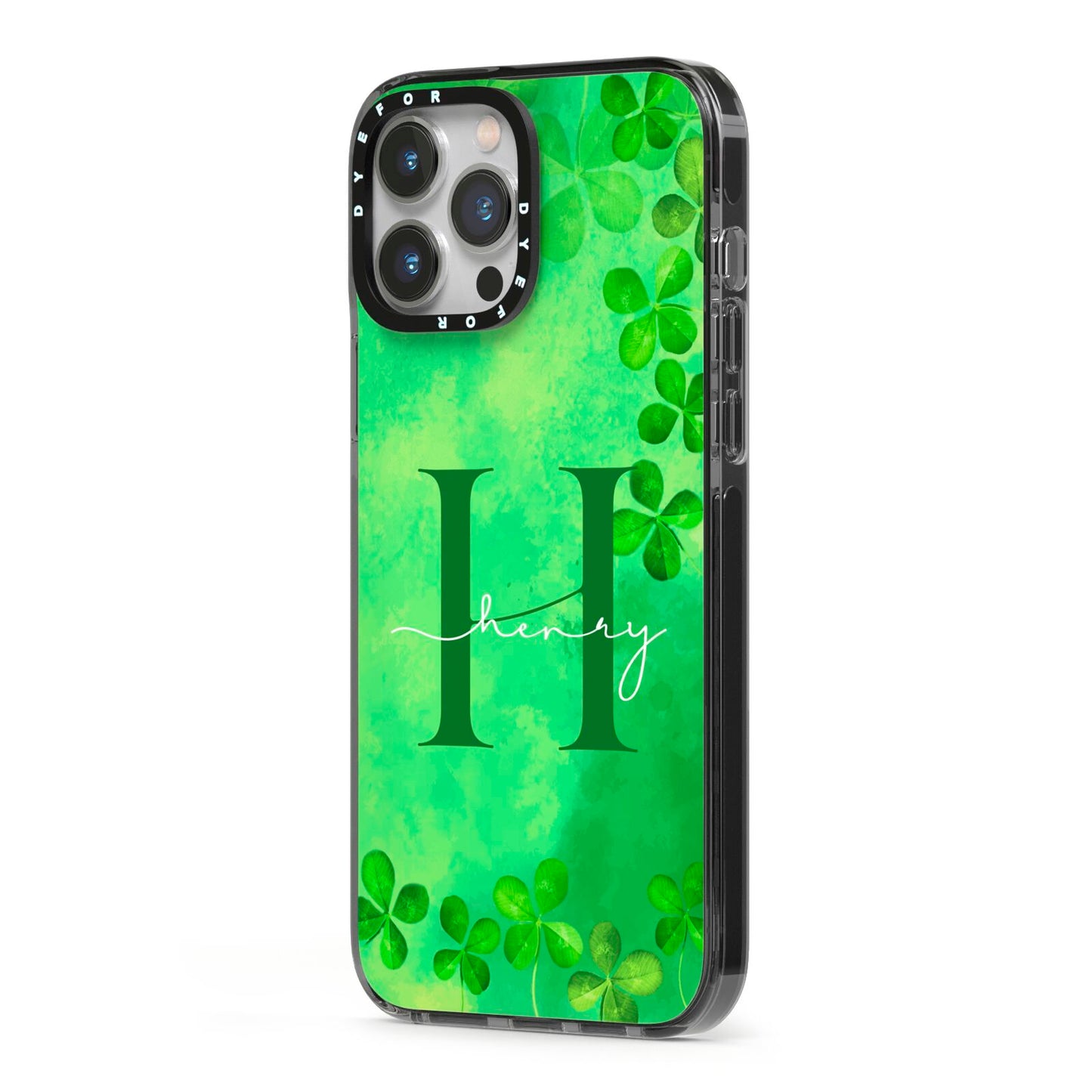Watercolour Shamrock Pattern Name iPhone 13 Pro Max Black Impact Case Side Angle on Silver phone