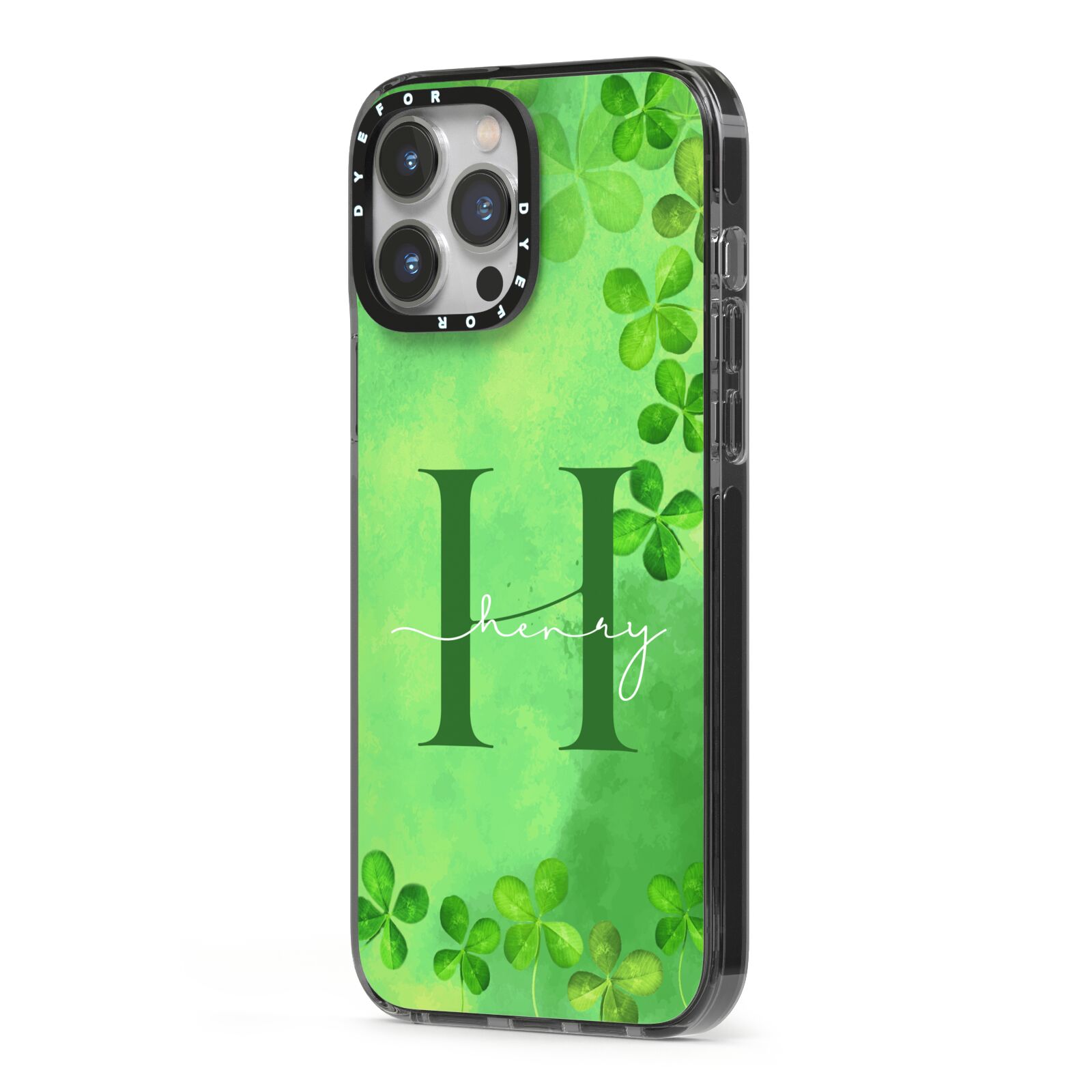 Watercolour Shamrock Pattern Name iPhone 13 Pro Max Black Impact Case Side Angle on Silver phone