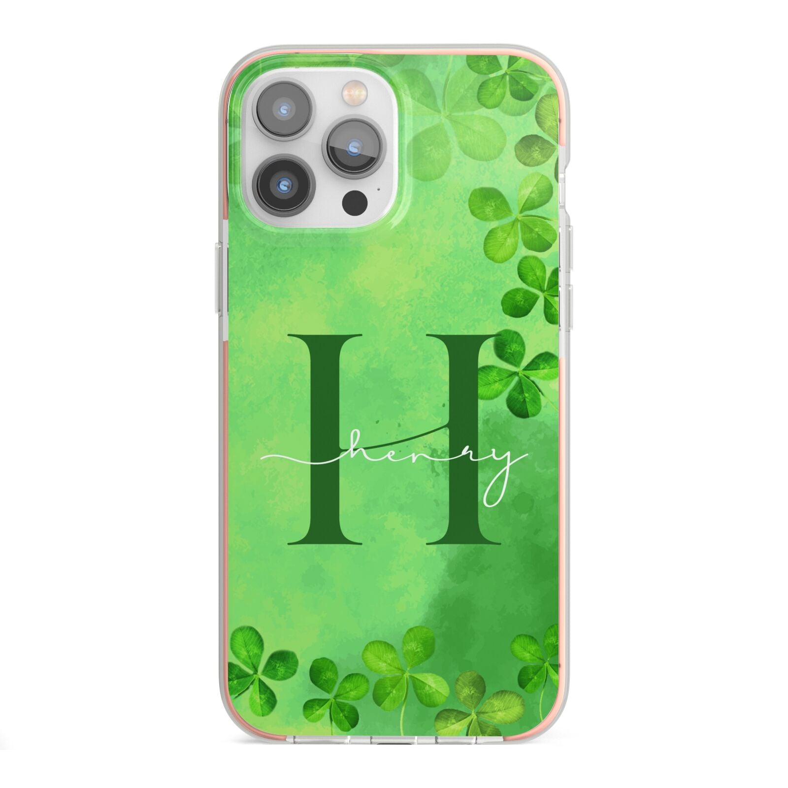 Watercolour Shamrock Pattern Name iPhone 13 Pro Max TPU Impact Case with Pink Edges