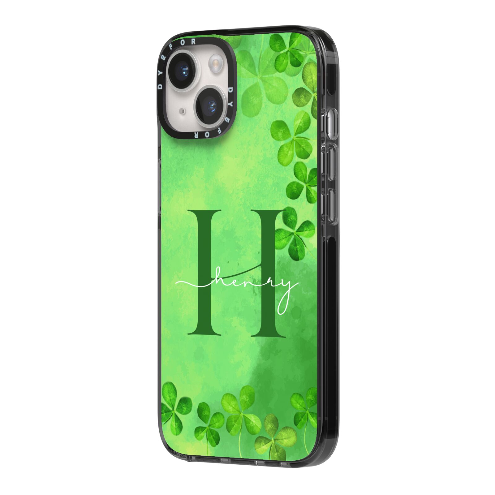 Watercolour Shamrock Pattern Name iPhone 14 Black Impact Case Side Angle on Silver phone