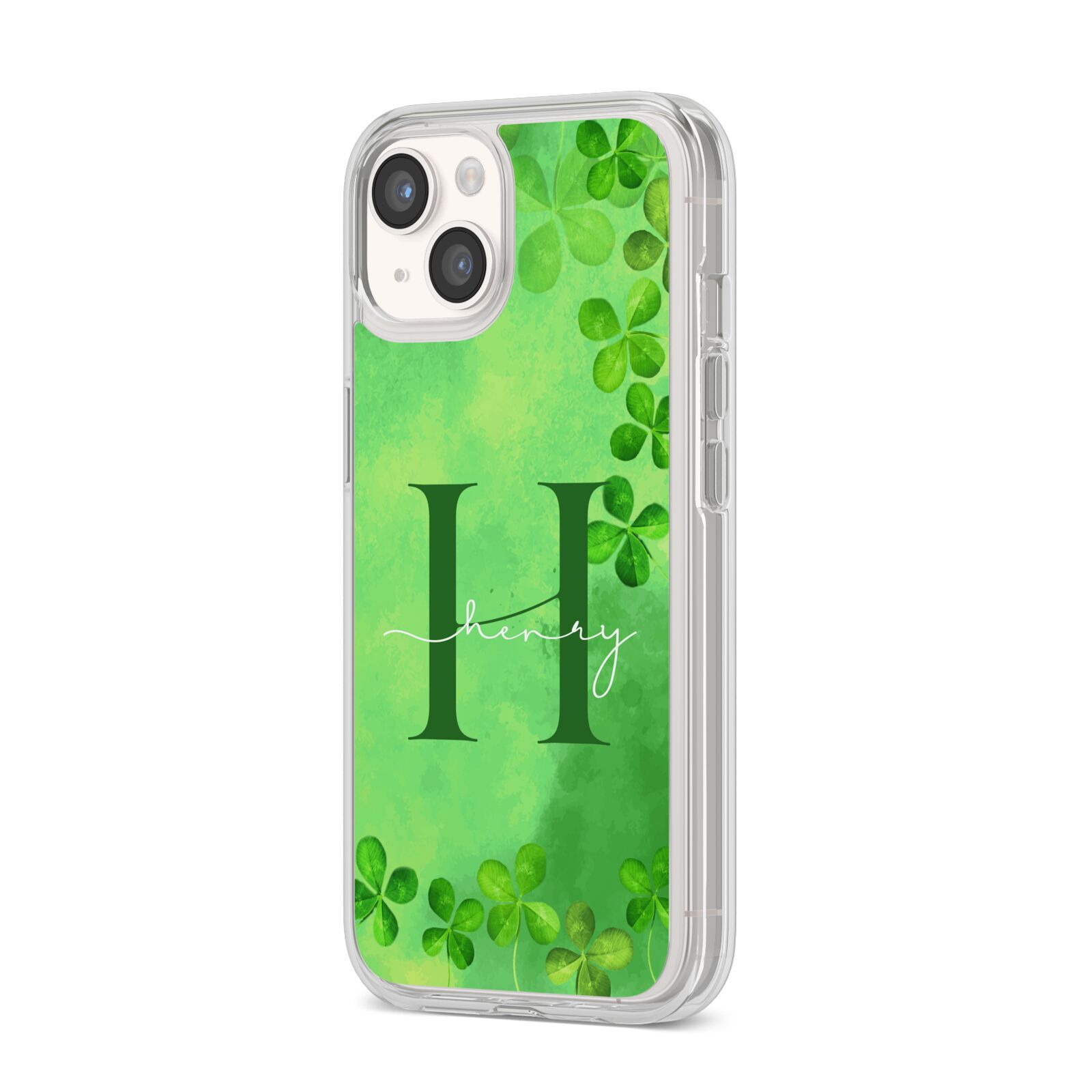 Watercolour Shamrock Pattern Name iPhone 14 Clear Tough Case Starlight Angled Image