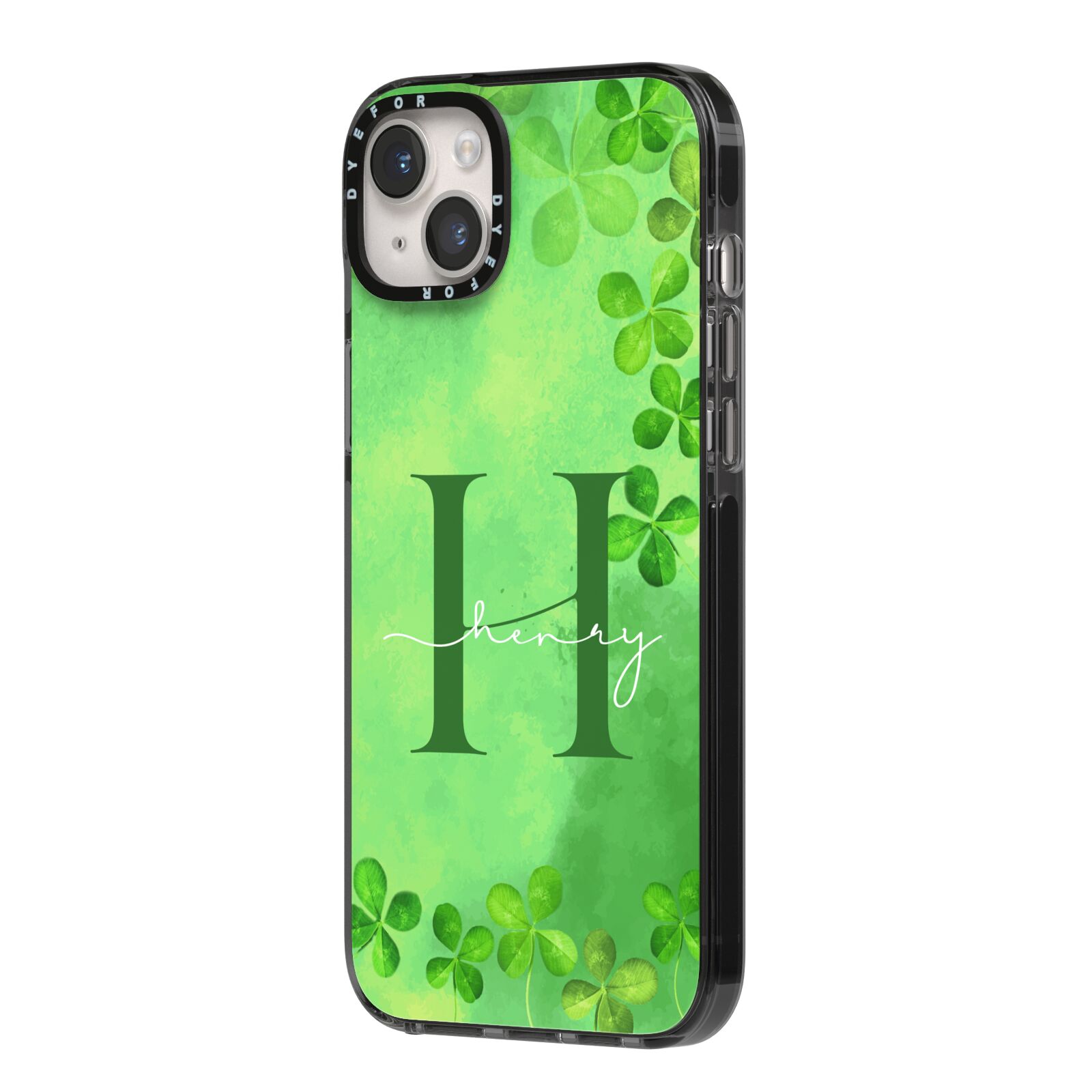 Watercolour Shamrock Pattern Name iPhone 14 Plus Black Impact Case Side Angle on Silver phone