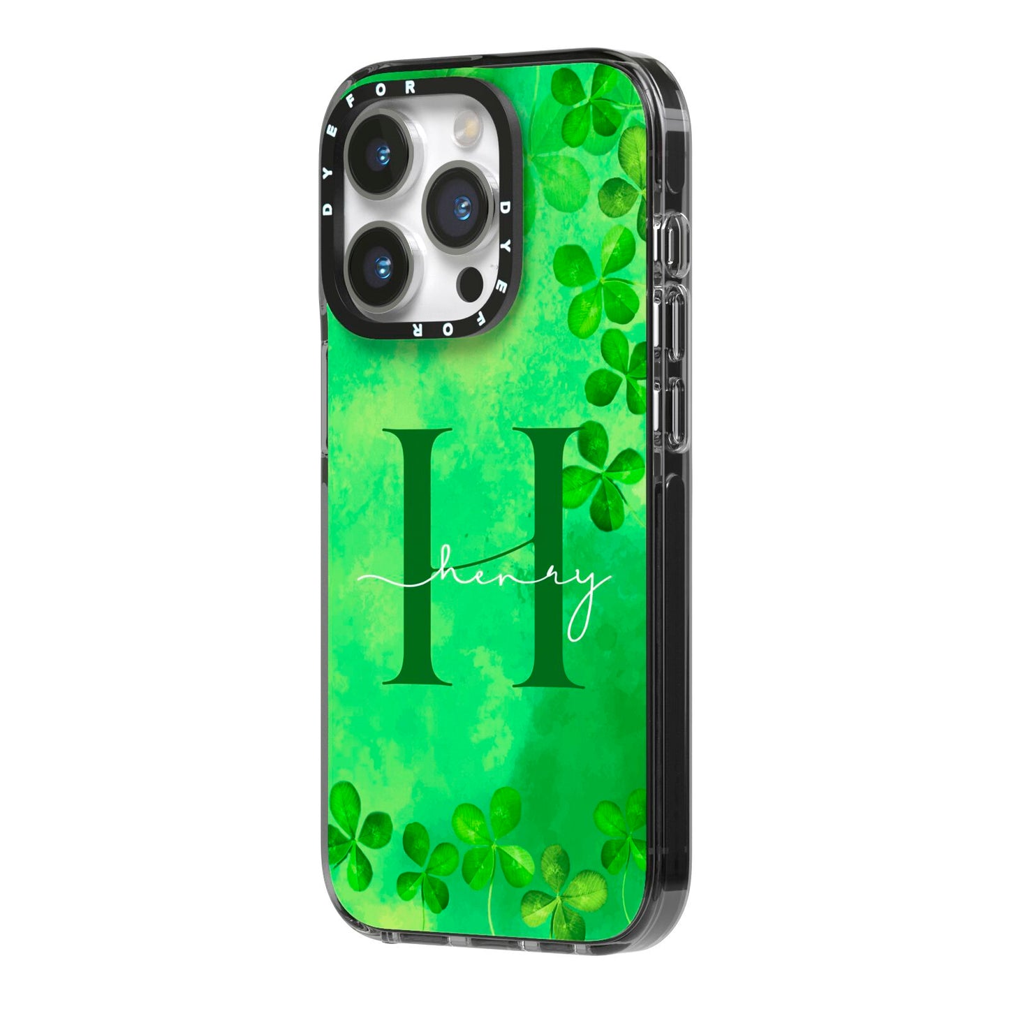 Watercolour Shamrock Pattern Name iPhone 14 Pro Black Impact Case Side Angle on Silver phone