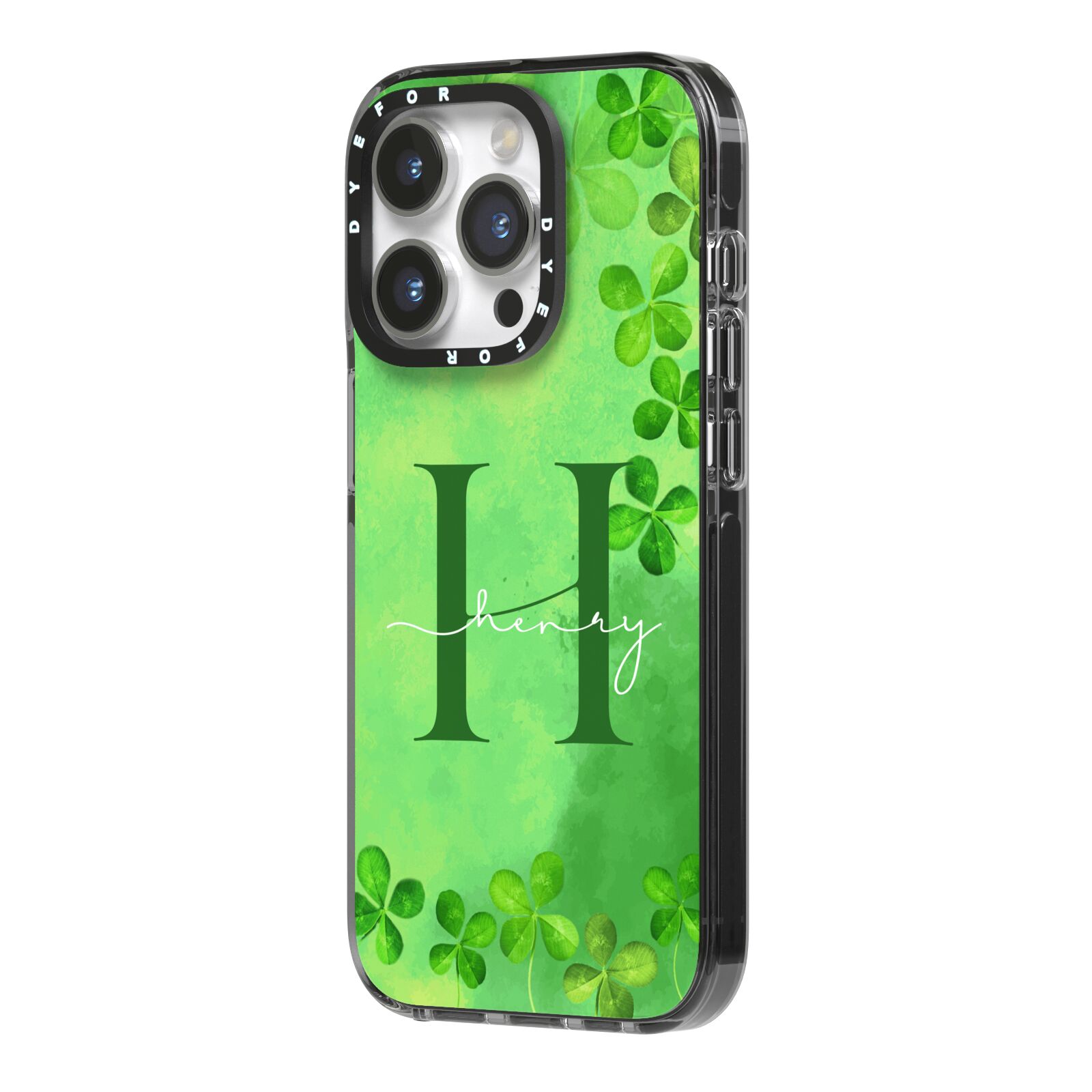 Watercolour Shamrock Pattern Name iPhone 14 Pro Black Impact Case Side Angle on Silver phone
