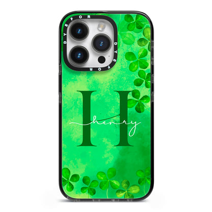Watercolour Shamrock Pattern Name iPhone 14 Pro Black Impact Case on Silver phone
