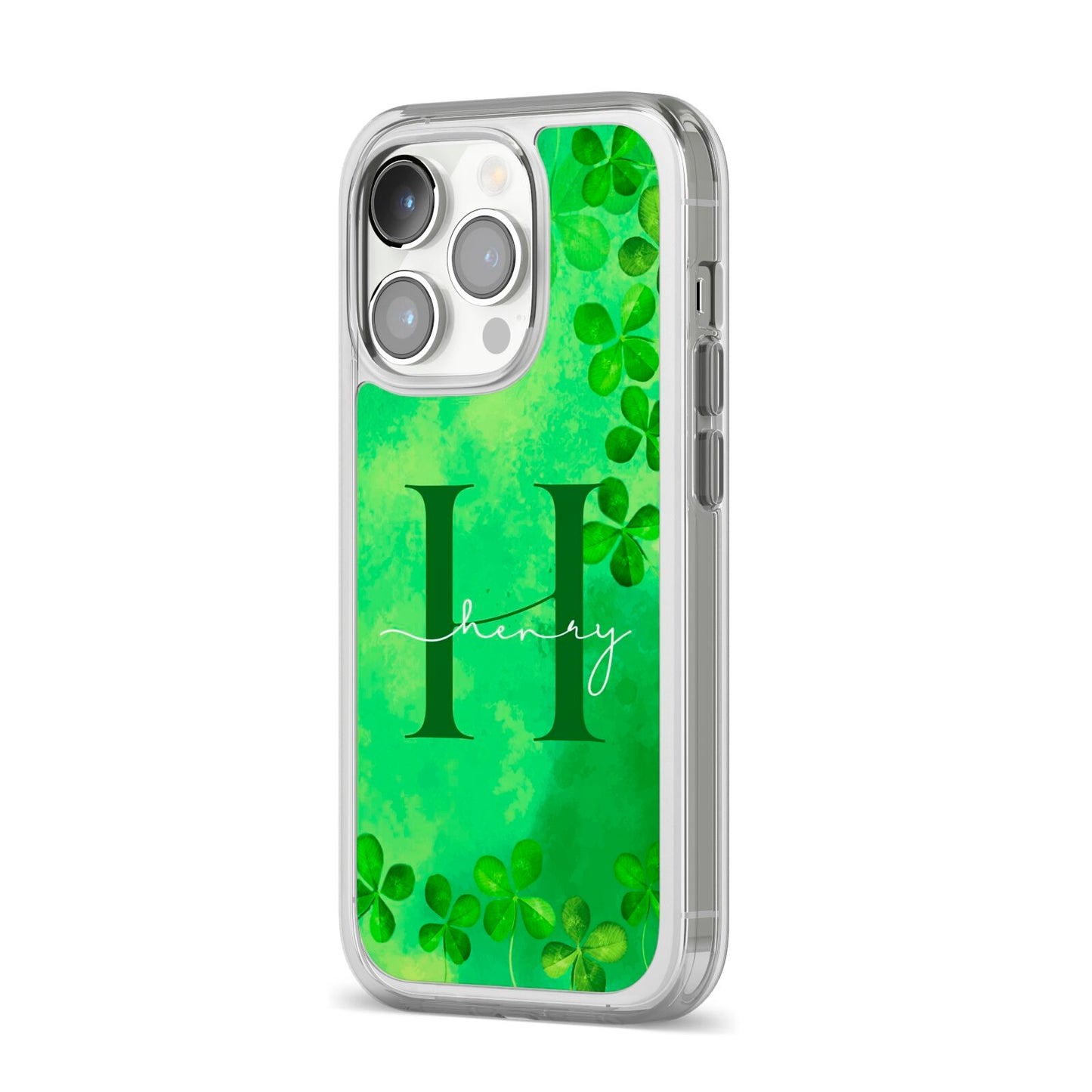 Watercolour Shamrock Pattern Name iPhone 14 Pro Clear Tough Case Silver Angled Image