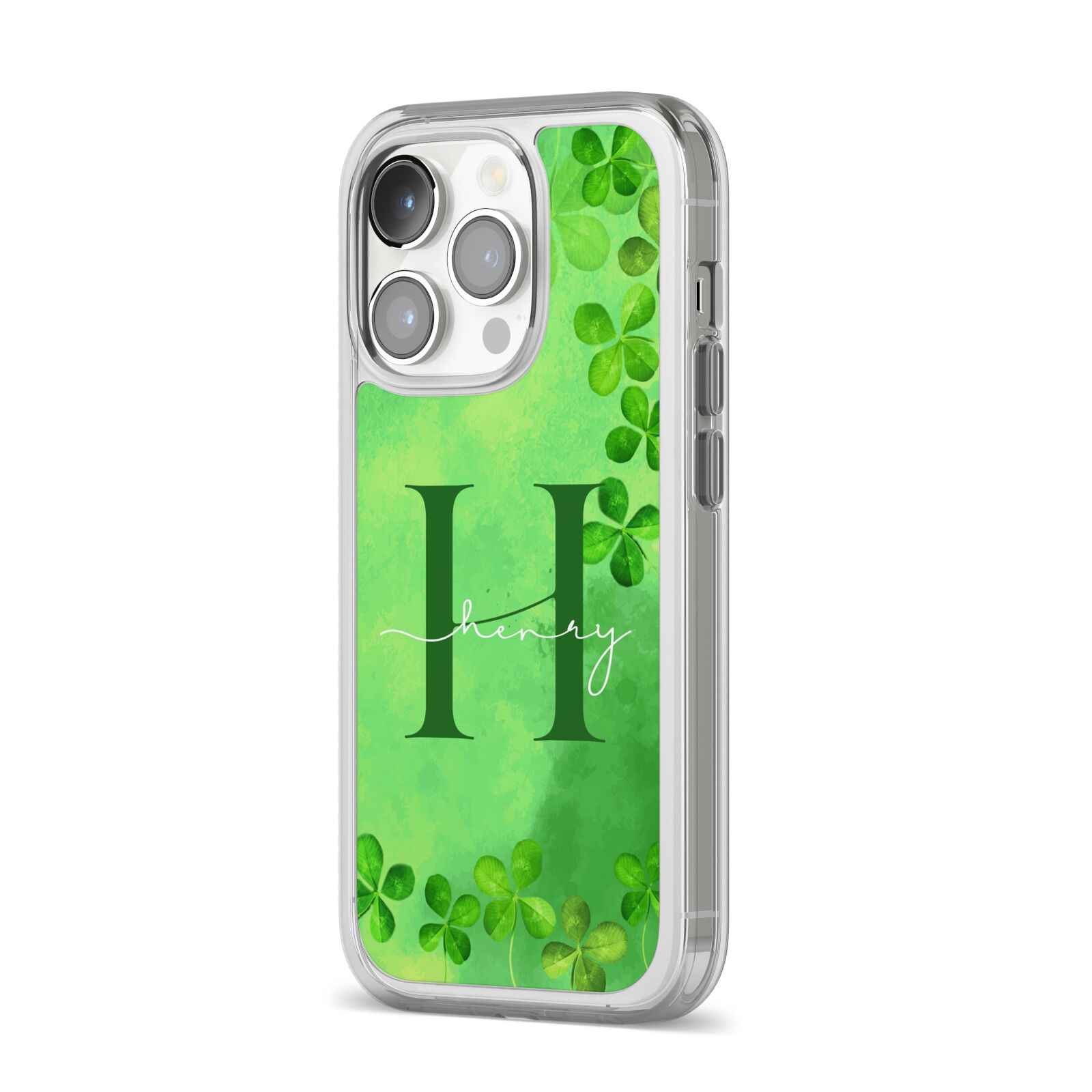 Watercolour Shamrock Pattern Name iPhone 14 Pro Clear Tough Case Silver Angled Image