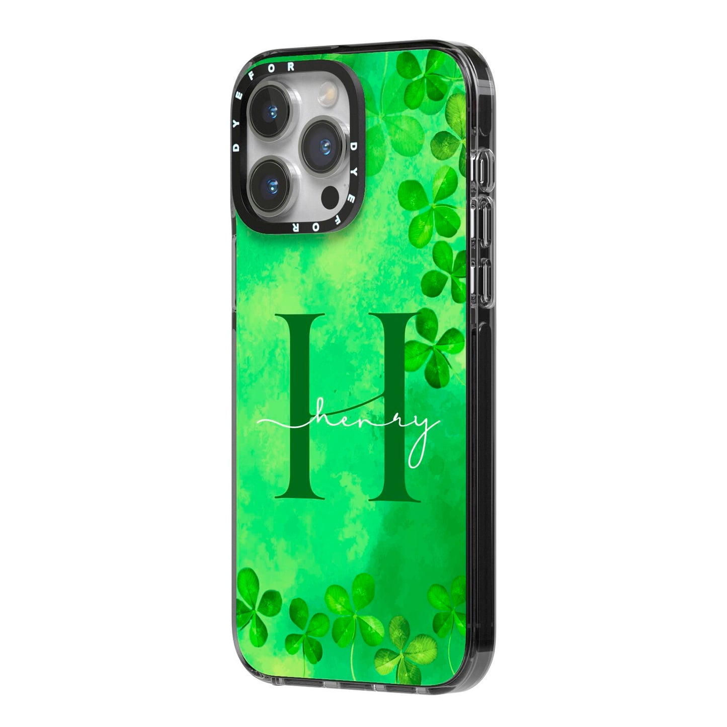 Watercolour Shamrock Pattern Name iPhone 14 Pro Max Black Impact Case Side Angle on Silver phone