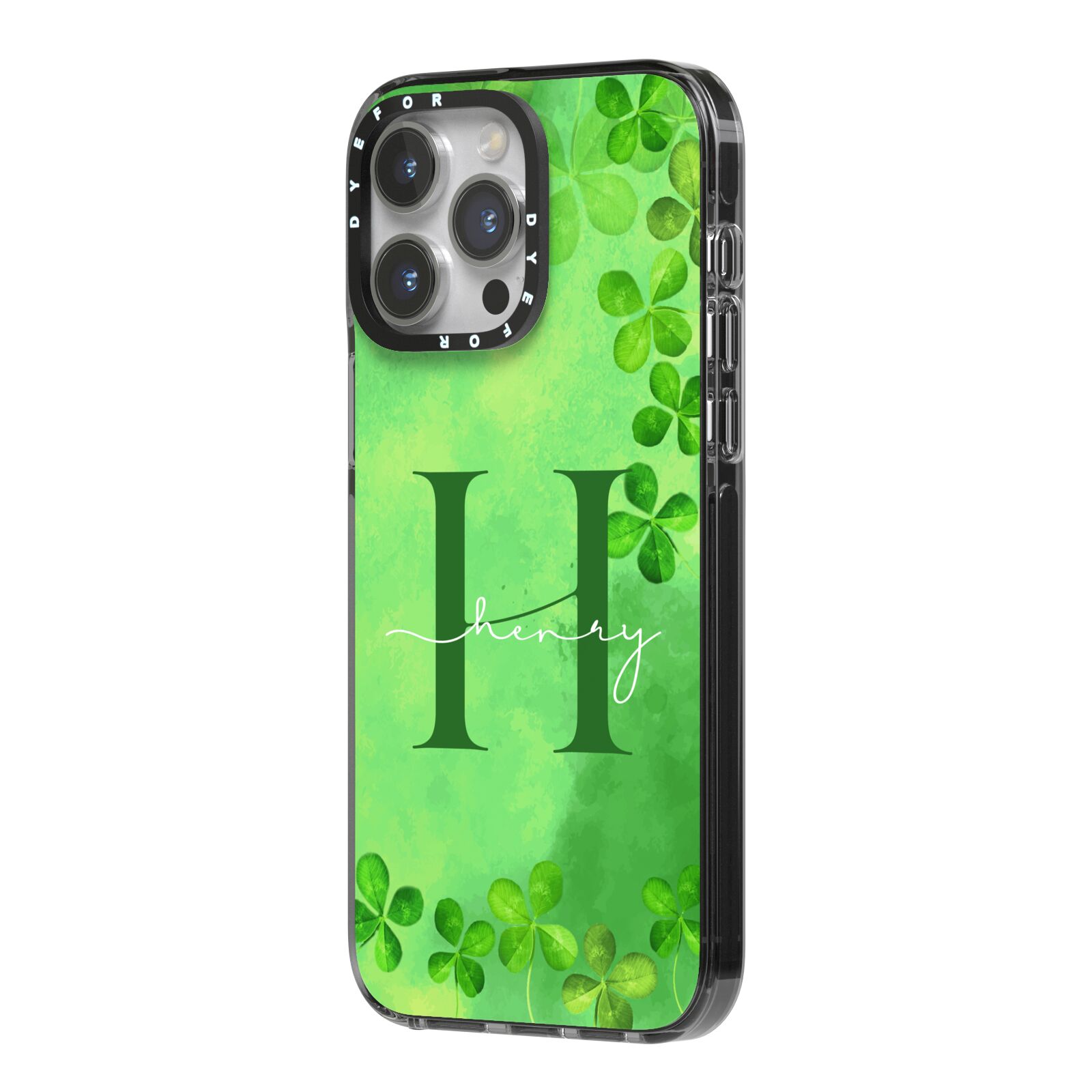 Watercolour Shamrock Pattern Name iPhone 14 Pro Max Black Impact Case Side Angle on Silver phone