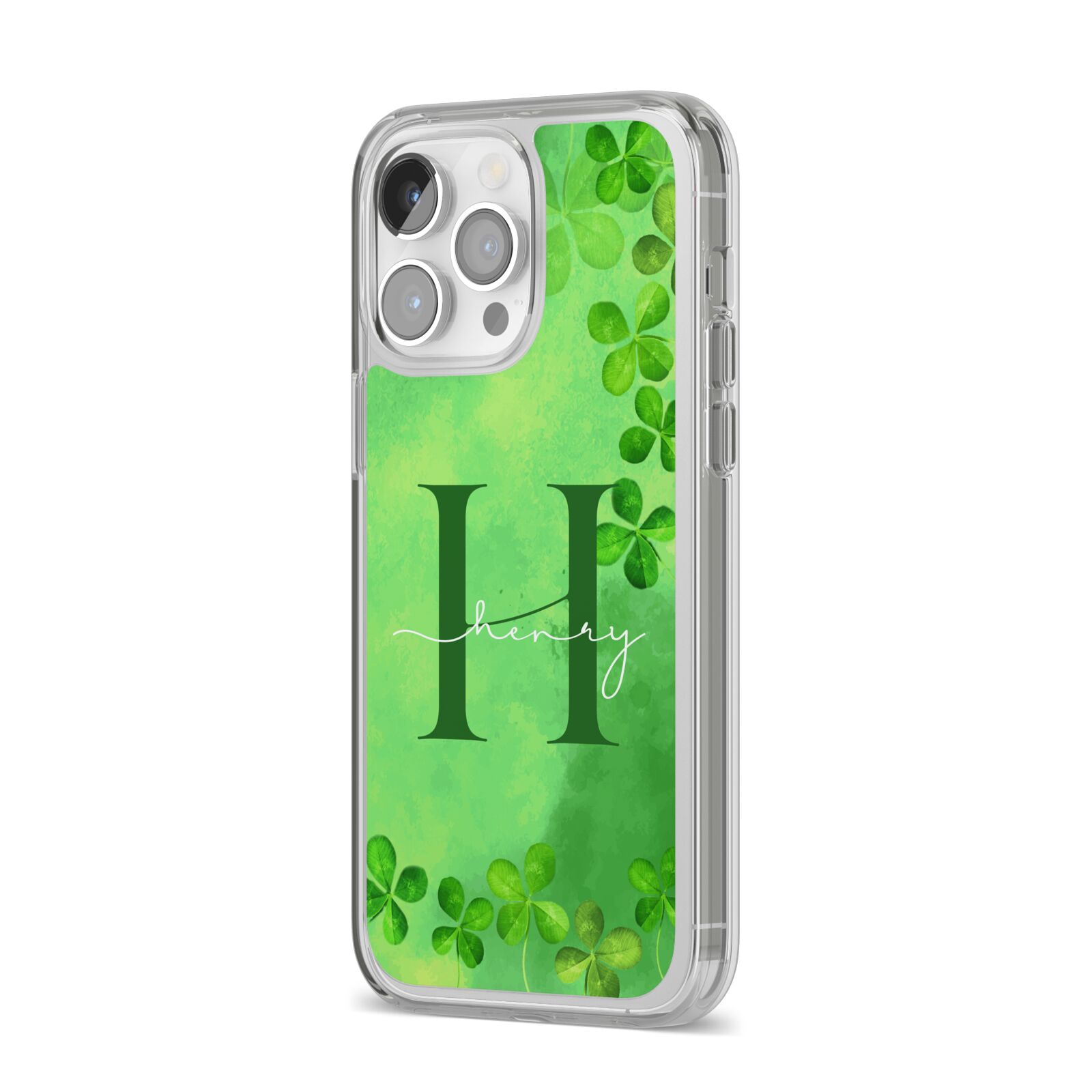 Watercolour Shamrock Pattern Name iPhone 14 Pro Max Clear Tough Case Silver Angled Image