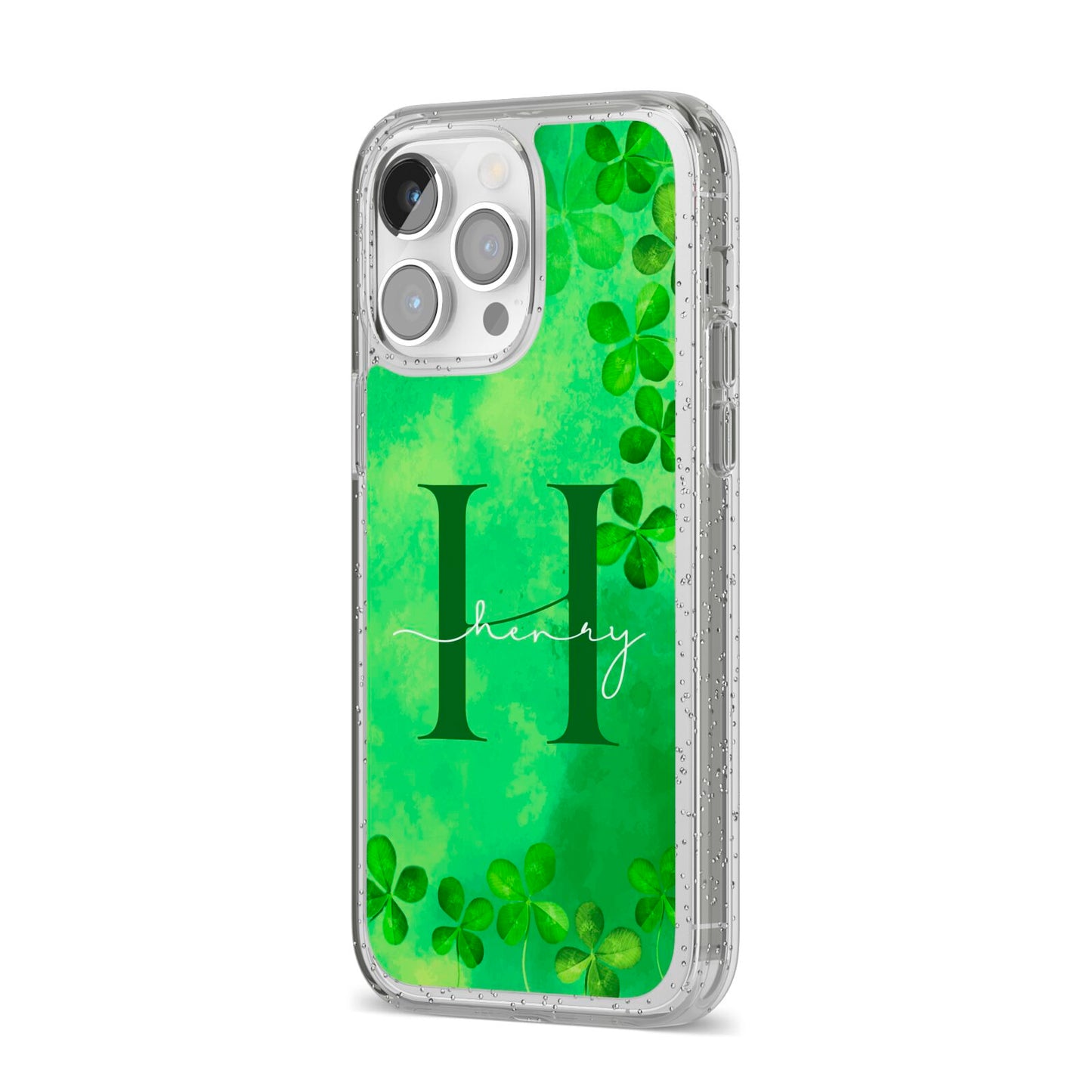 Watercolour Shamrock Pattern Name iPhone 14 Pro Max Glitter Tough Case Silver Angled Image