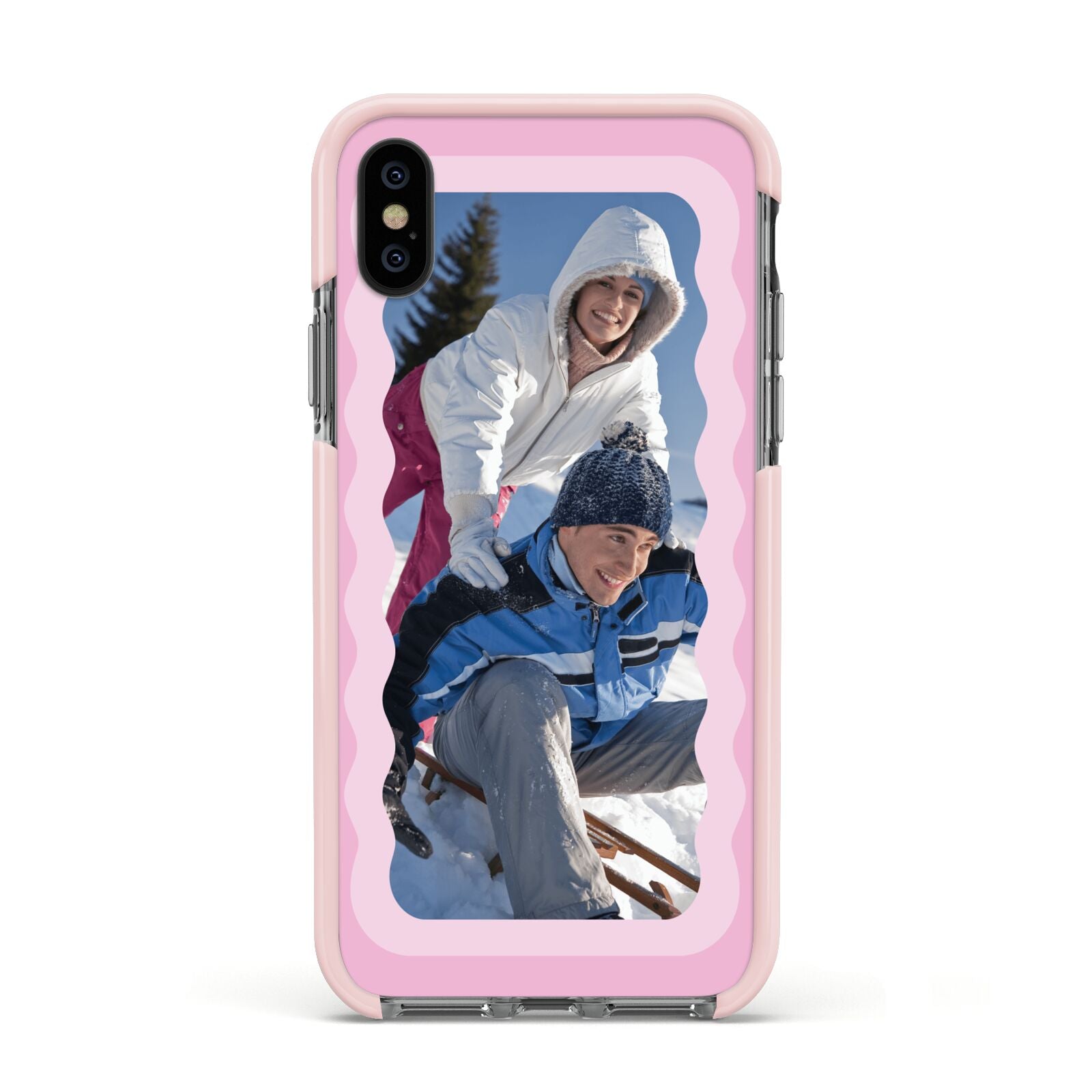 Wavy Photo Border Apple iPhone Xs Impact Case Pink Edge on Black Phone