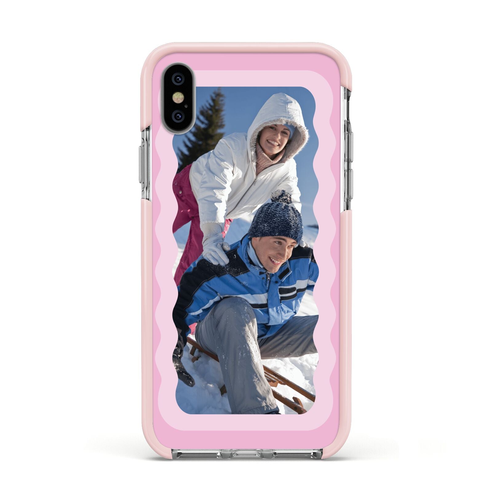Wavy Photo Border Apple iPhone Xs Impact Case Pink Edge on Silver Phone