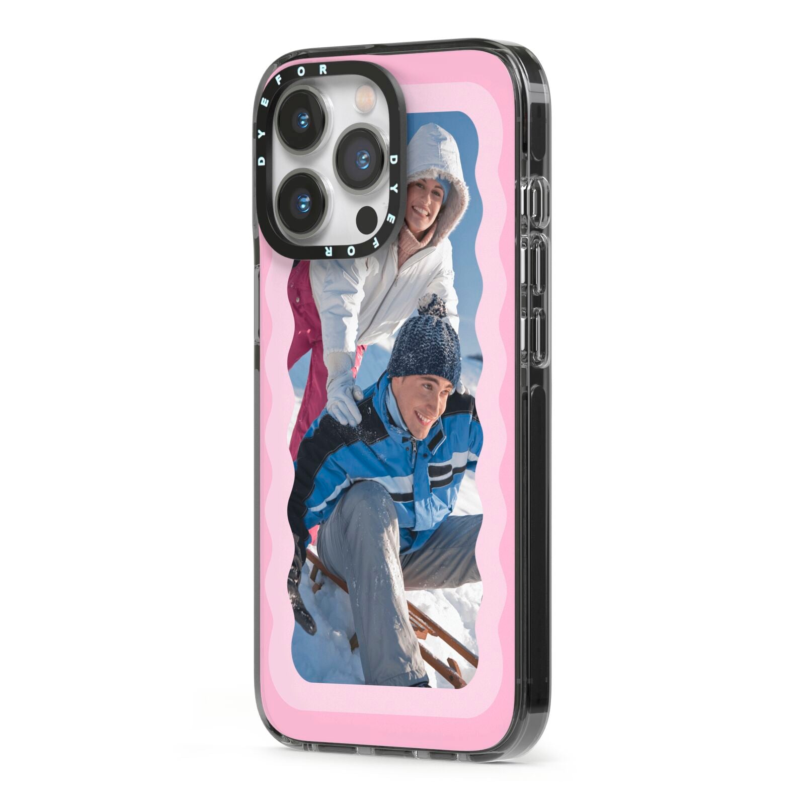 Wavy Photo Border iPhone 13 Pro Black Impact Case Side Angle on Silver phone