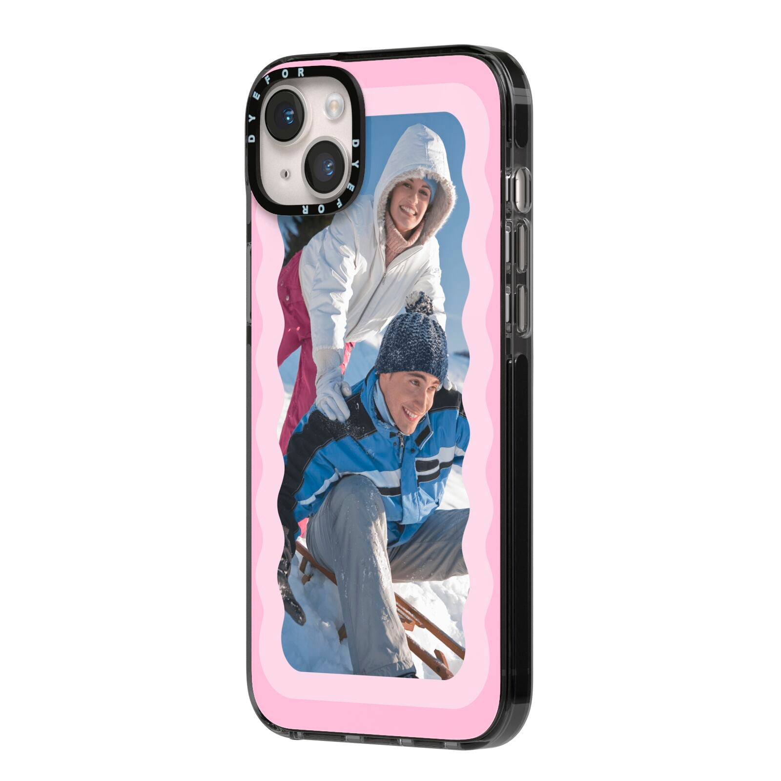 Wavy Photo Border iPhone 14 Plus Black Impact Case Side Angle on Silver phone