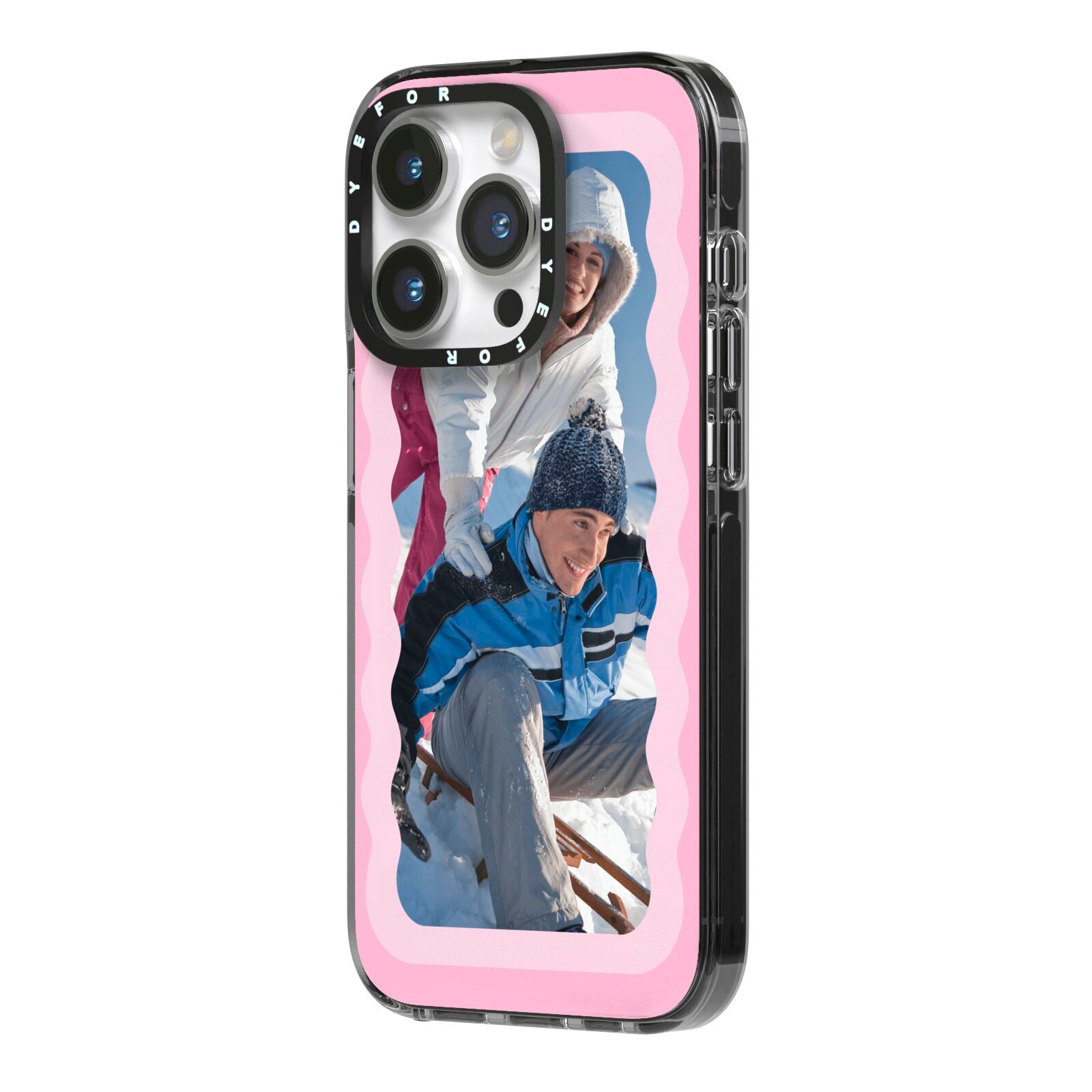 Wavy Photo Border iPhone 14 Pro Black Impact Case Side Angle on Silver phone