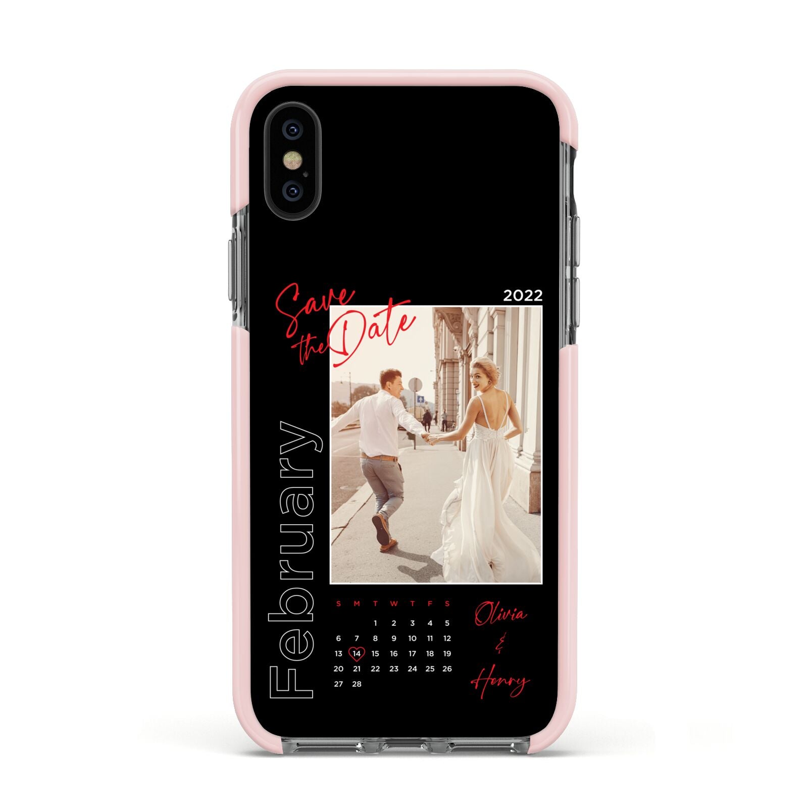 Wedding Date Personalised Photo Apple iPhone Xs Impact Case Pink Edge on Black Phone