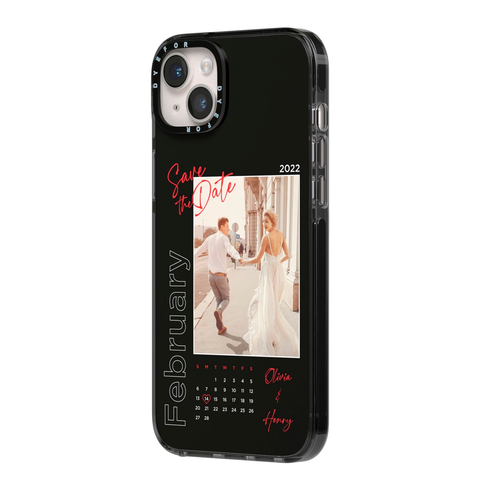 Wedding Date Personalised Photo iPhone 14 Plus Black Impact Case Side Angle on Silver phone
