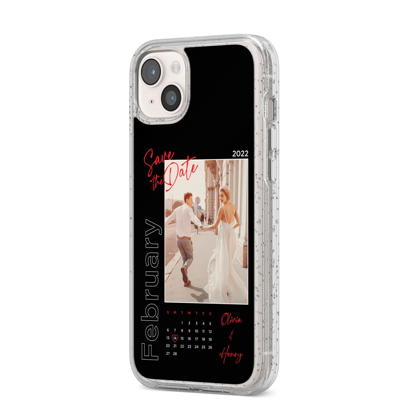 Wedding Date Personalised Photo iPhone 14 Plus Glitter Tough Case Starlight Angled Image