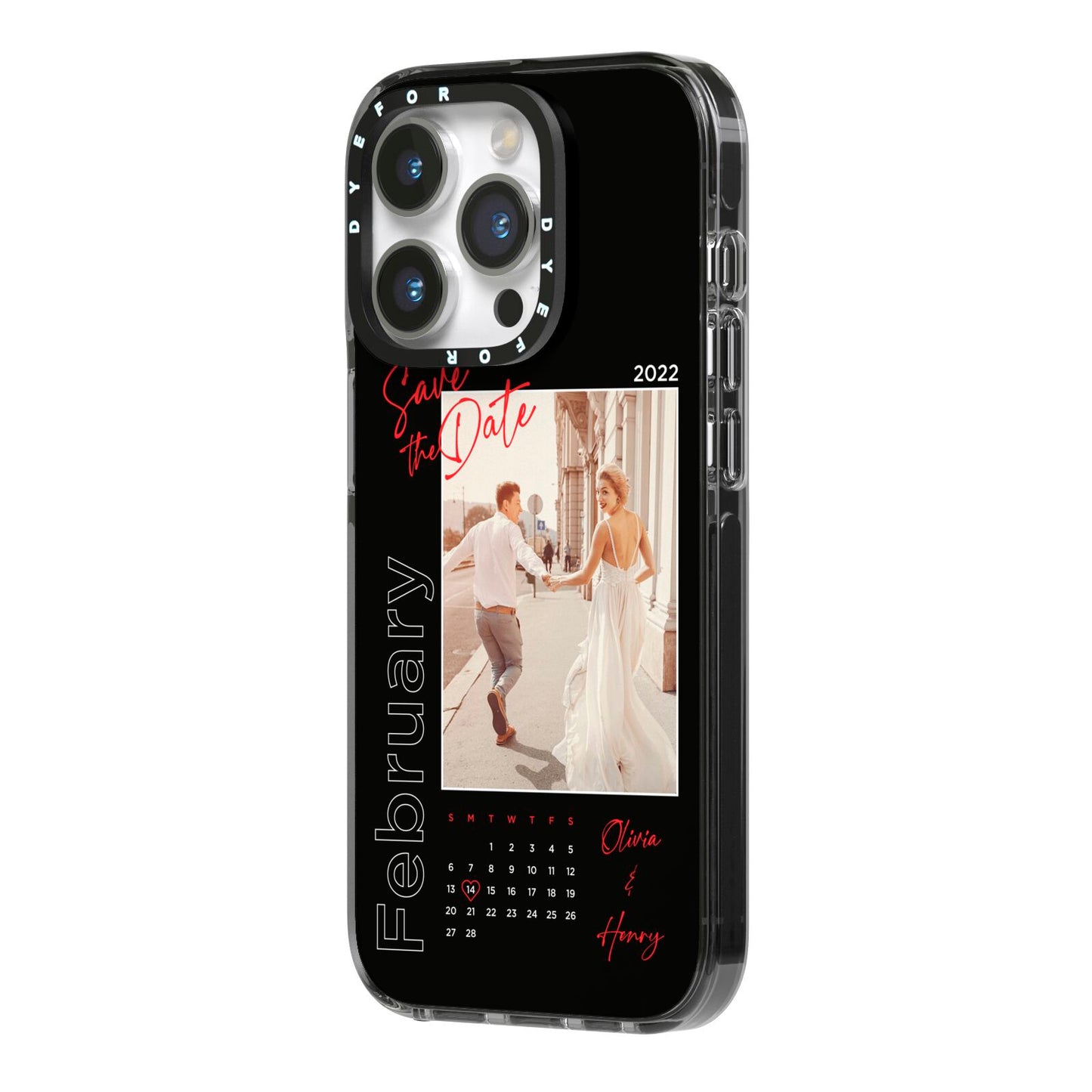 Wedding Date Personalised Photo iPhone 14 Pro Black Impact Case Side Angle on Silver phone