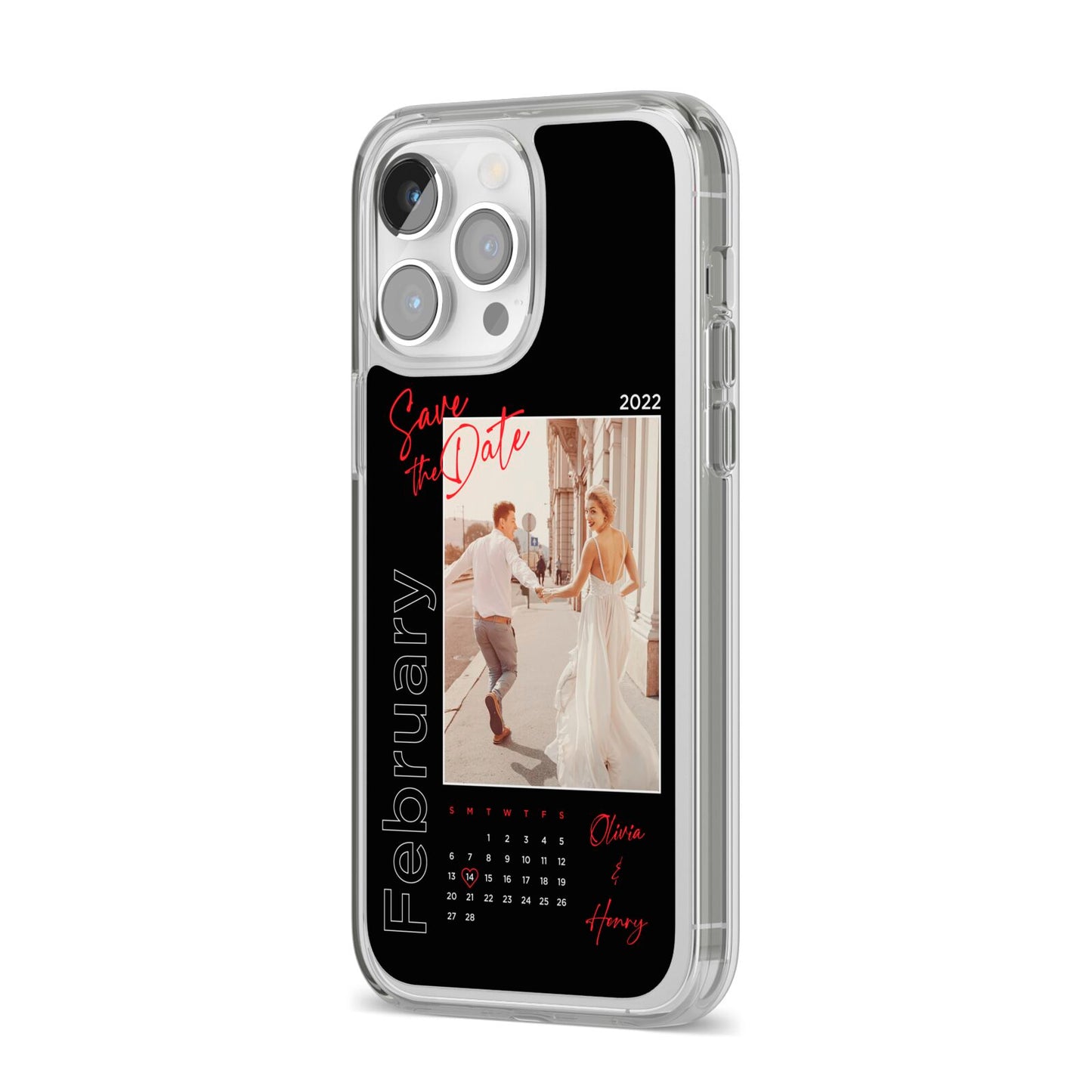 Wedding Date Personalised Photo iPhone 14 Pro Max Clear Tough Case Silver Angled Image
