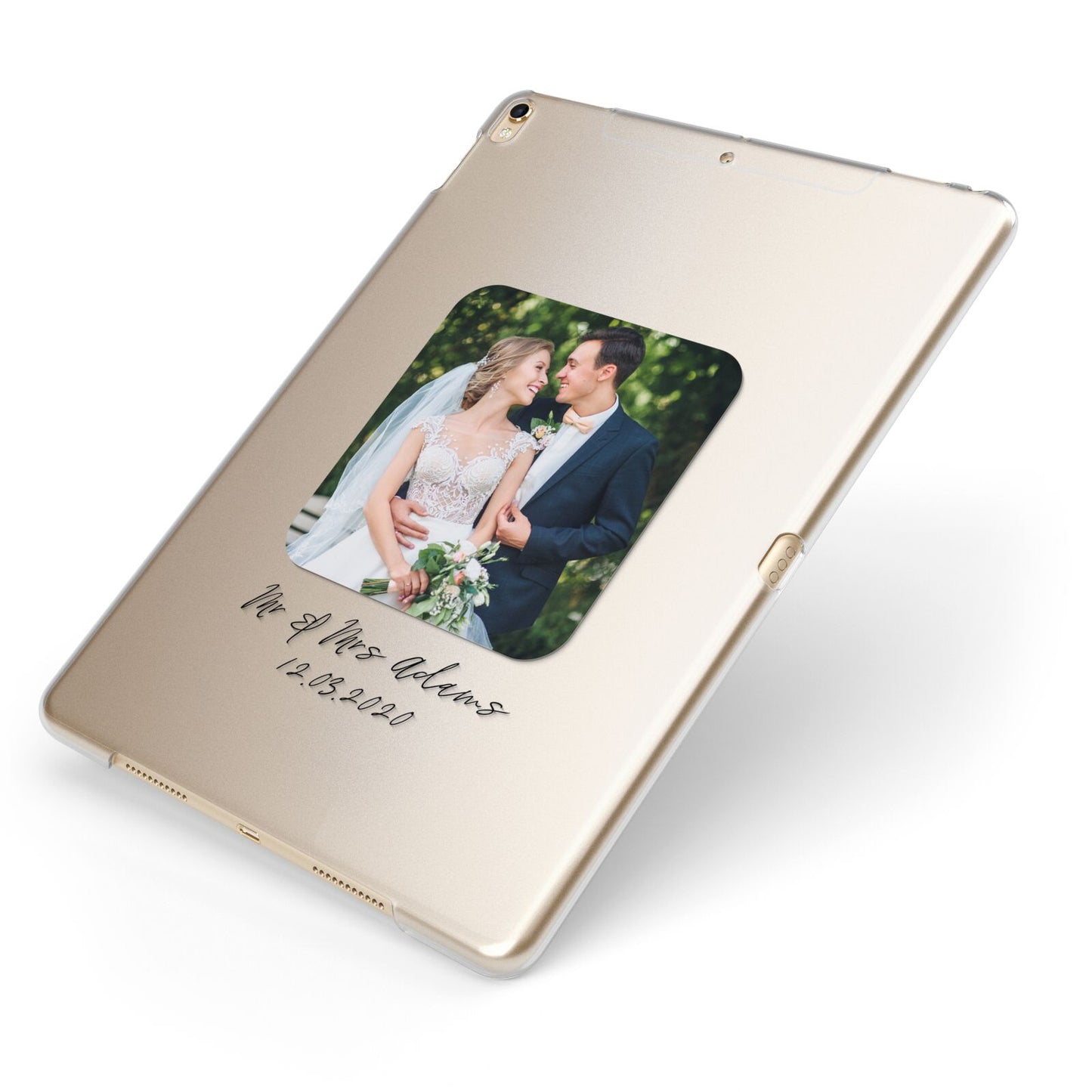 Wedding Photo Upload Keepsake with Text Apple iPad Case on Gold iPad Side View