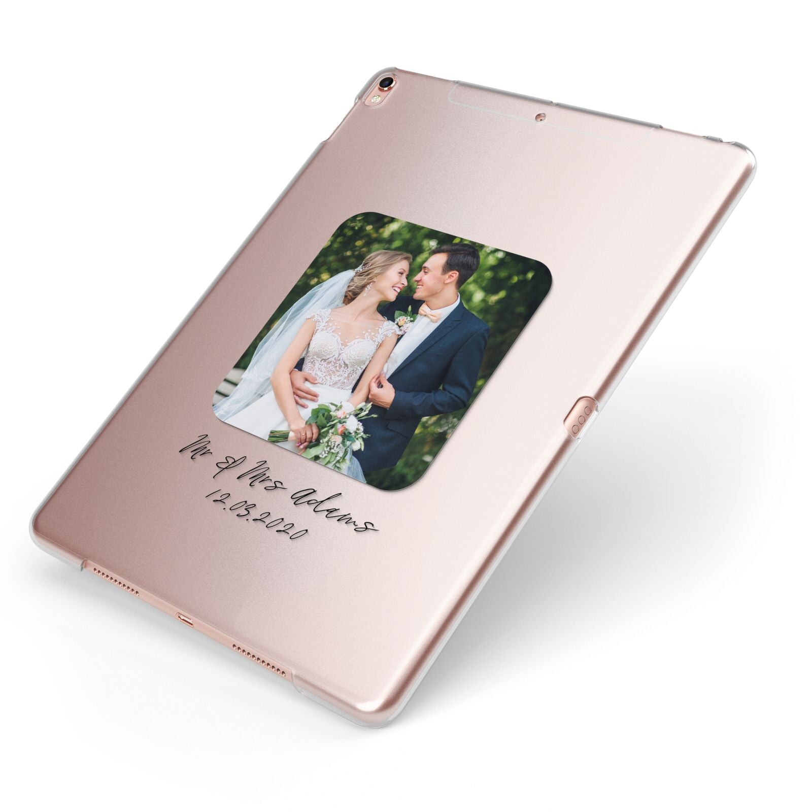 Wedding Photo Upload Keepsake with Text Apple iPad Case on Rose Gold iPad Side View