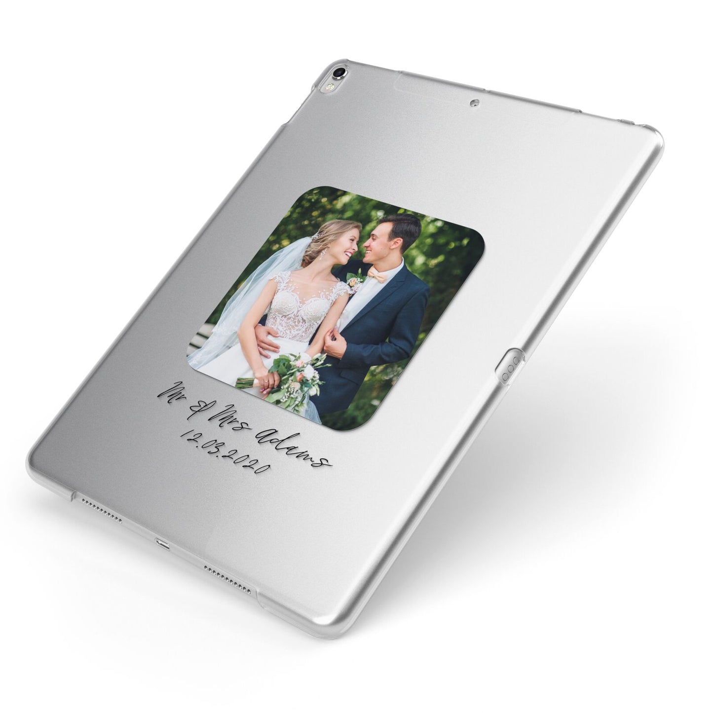 Wedding Photo Upload Keepsake with Text Apple iPad Case on Silver iPad Side View