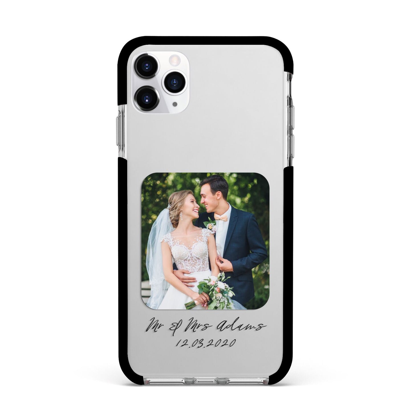 Wedding Photo Upload Keepsake with Text Apple iPhone 11 Pro Max in Silver with Black Impact Case