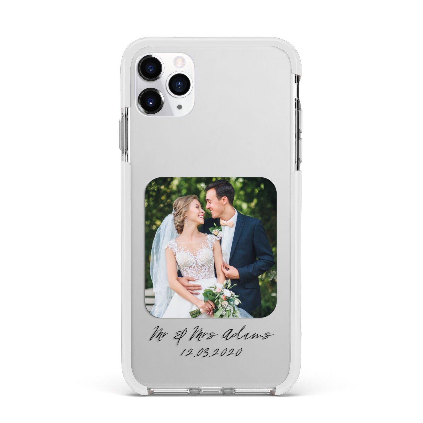 Wedding Photo Upload Keepsake with Text Apple iPhone 11 Pro Max in Silver with White Impact Case
