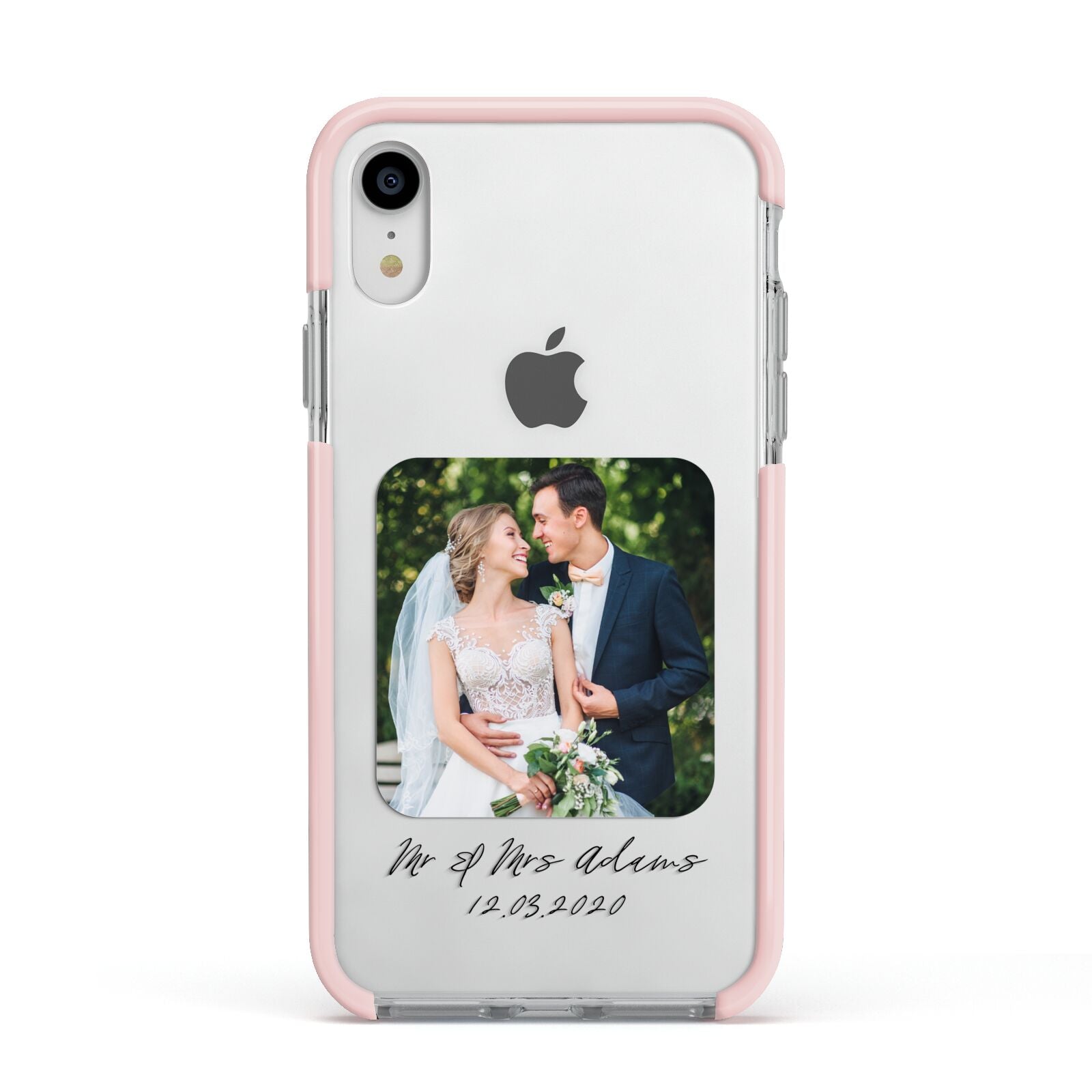 Wedding Photo Upload Keepsake with Text Apple iPhone XR Impact Case Pink Edge on Silver Phone