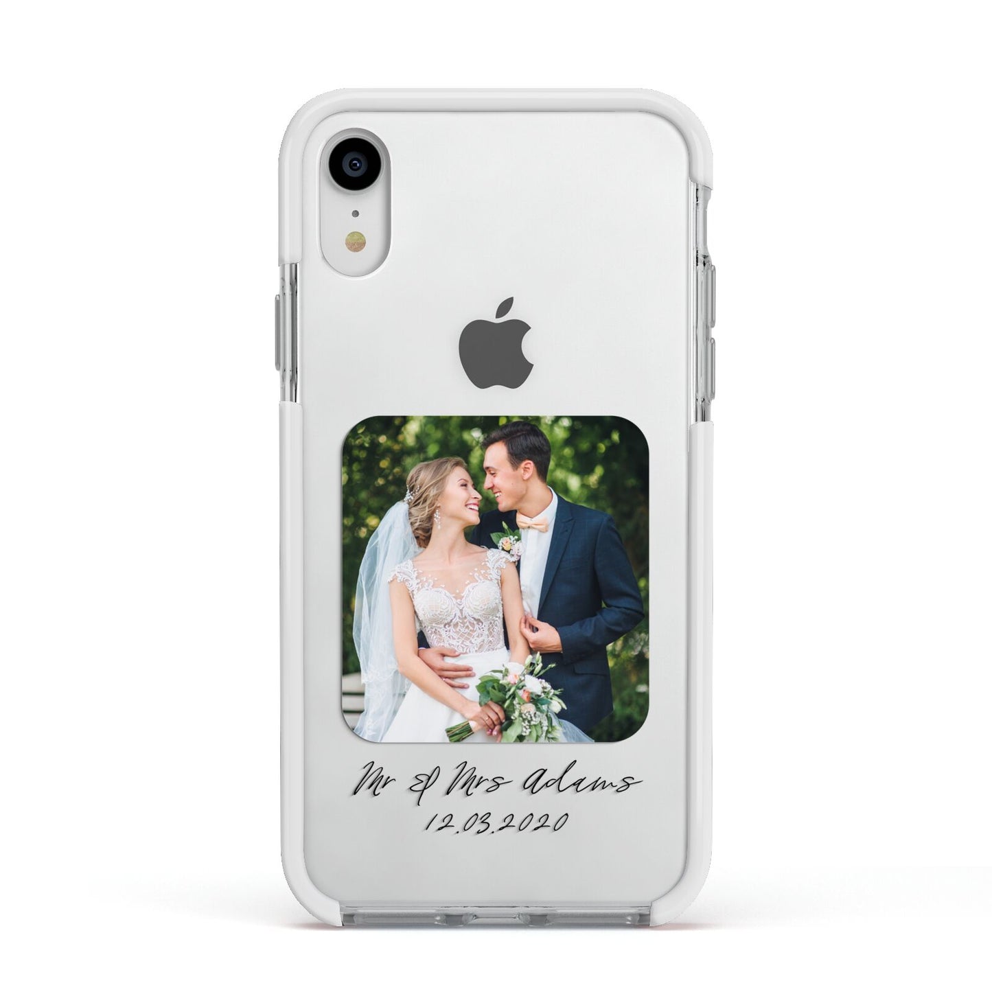 Wedding Photo Upload Keepsake with Text Apple iPhone XR Impact Case White Edge on Silver Phone