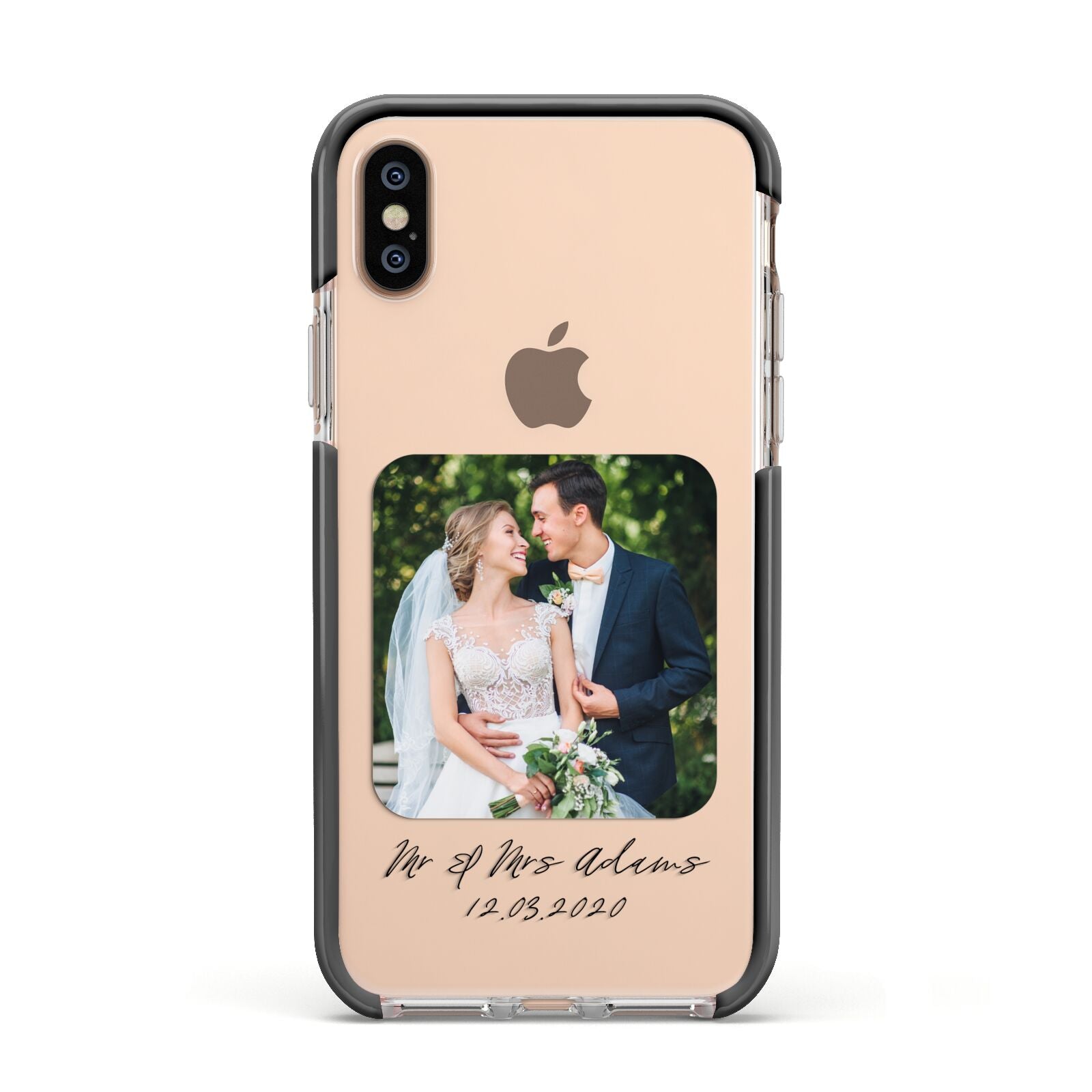 Wedding Photo Upload Keepsake with Text Apple iPhone Xs Impact Case Black Edge on Gold Phone