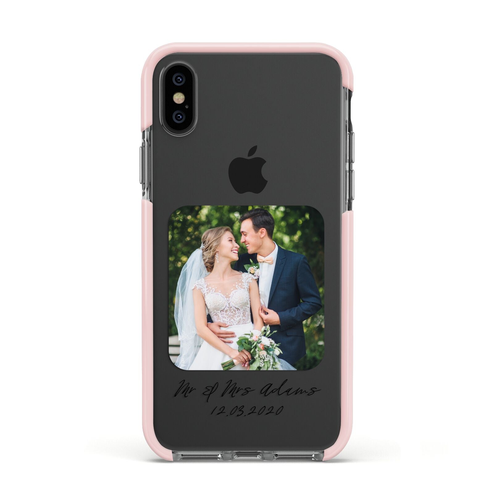 Wedding Photo Upload Keepsake with Text Apple iPhone Xs Impact Case Pink Edge on Black Phone