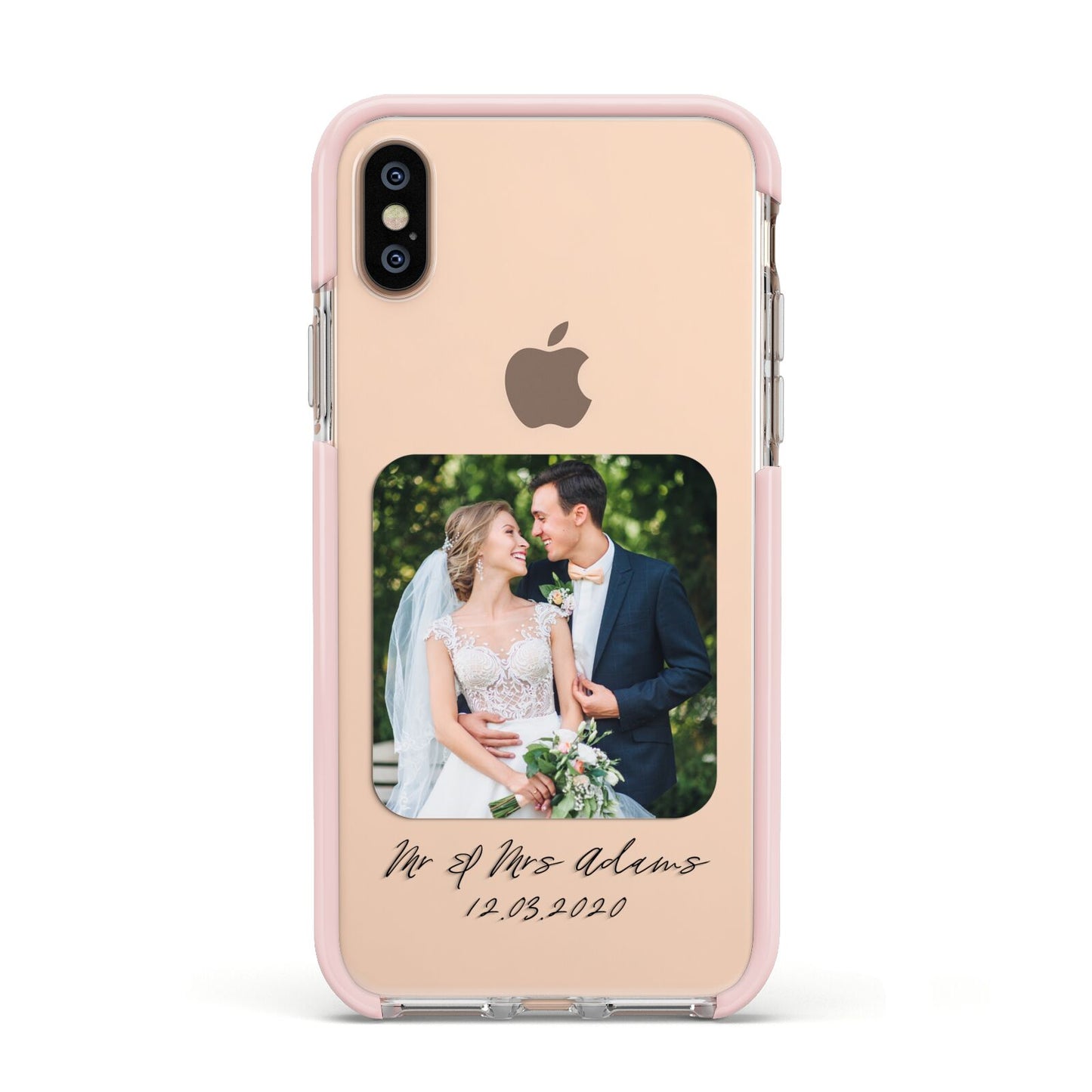 Wedding Photo Upload Keepsake with Text Apple iPhone Xs Impact Case Pink Edge on Gold Phone