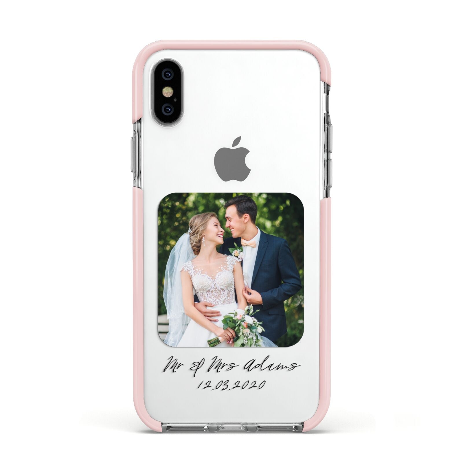 Wedding Photo Upload Keepsake with Text Apple iPhone Xs Impact Case Pink Edge on Silver Phone