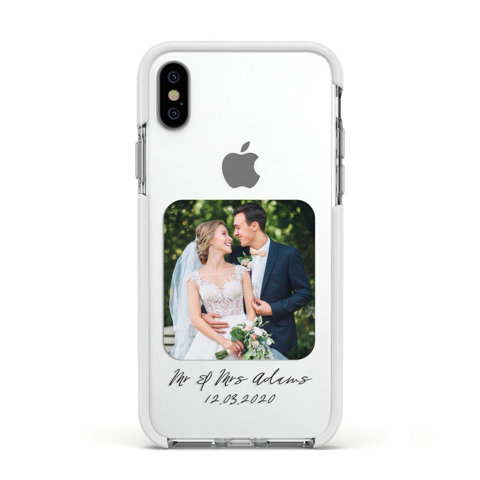 Wedding Photo Upload Keepsake with Text Apple iPhone Xs Impact Case White Edge on Silver Phone